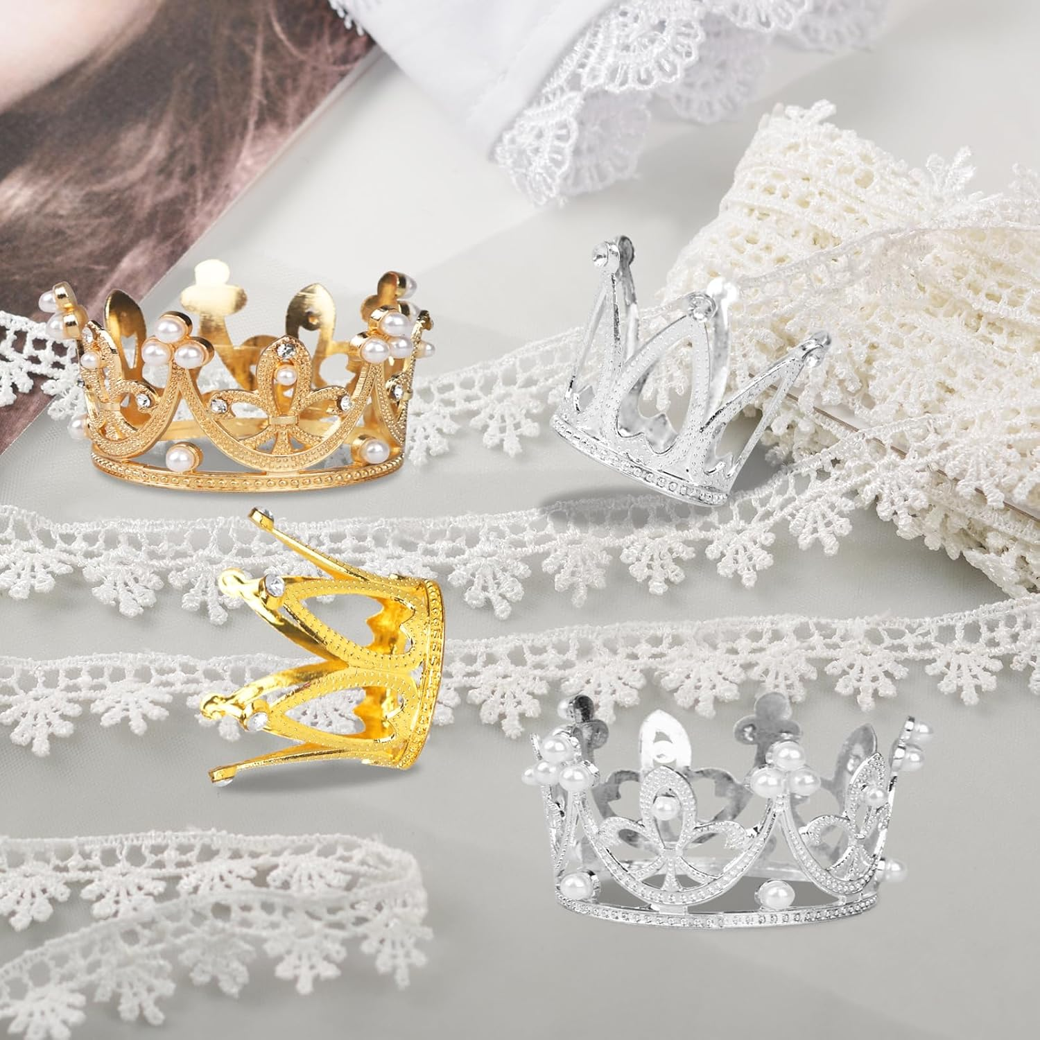 BLMHTWO 4 Pcs Gold Silver Crown Cake Topper - Small Queen Mini Tiara Princess Headpiece for Women Lady Girl Bridal Wedding Royal Themed Decor Birthday Party image number 4