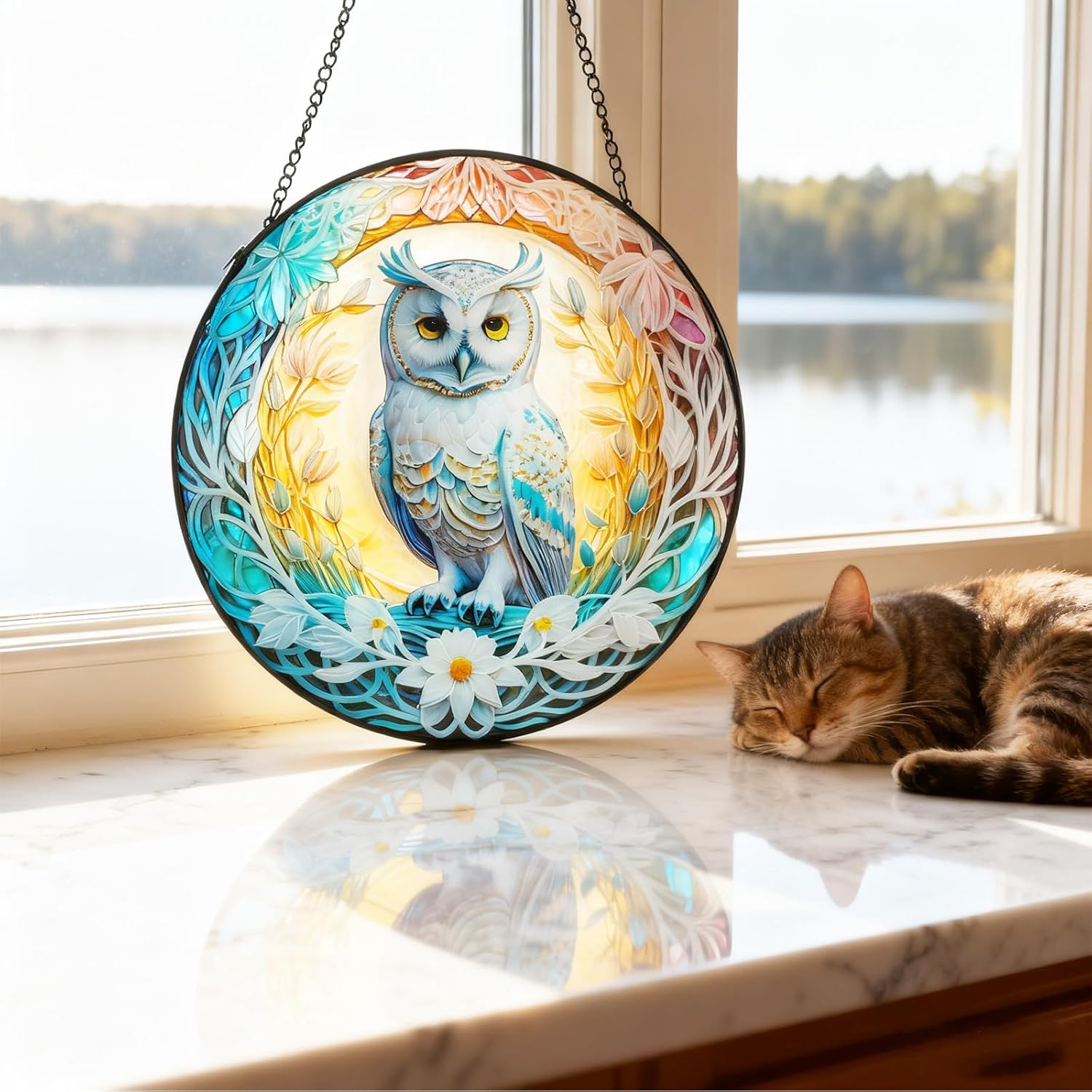 Owl Stained Glass Window Hanging,Colored Suncatchers, Christmas Ornaments,Suncatcher Gifts for Owl Lovers Decor for Home Garden (Style C) image number 2