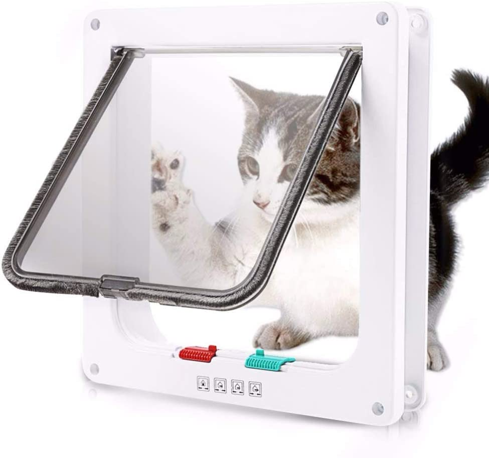 Dog Cat Flap Door with 4 Way Security Lock Flap Door for Dog Cats Kitten ABS Plastic Small Pet Gate Door Kit Cat Dogs Flap Doors (White) image number 1