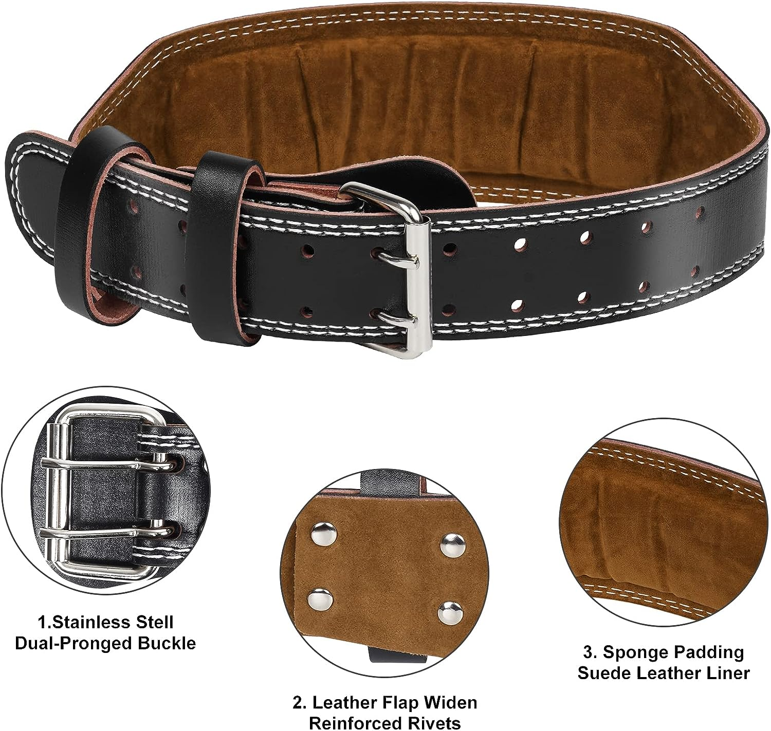 Leather Weight Lifting Belt 4'' Padded Lumbar Back Support Powerlifting Weightlifting Deadlift Squats Fitness Belt Workout Training Exercise Equipment for Home Gym image number 5