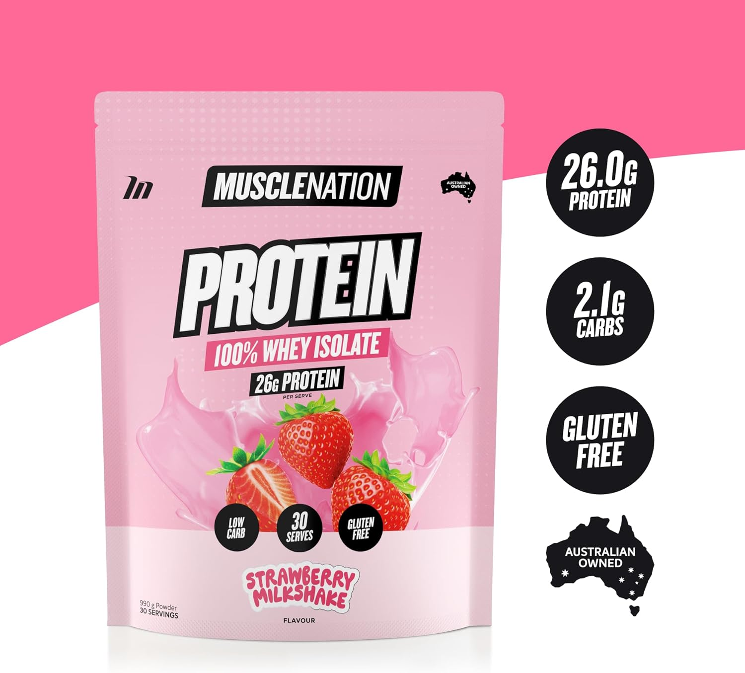 Muscle Nation Strawberry Milkshake &ndash; Whey Protein Isolate with Bcaas, Low Lactose, Gluten Free, Fast Absorbing and Easy to Mix 990G (30 Servings) image number 2