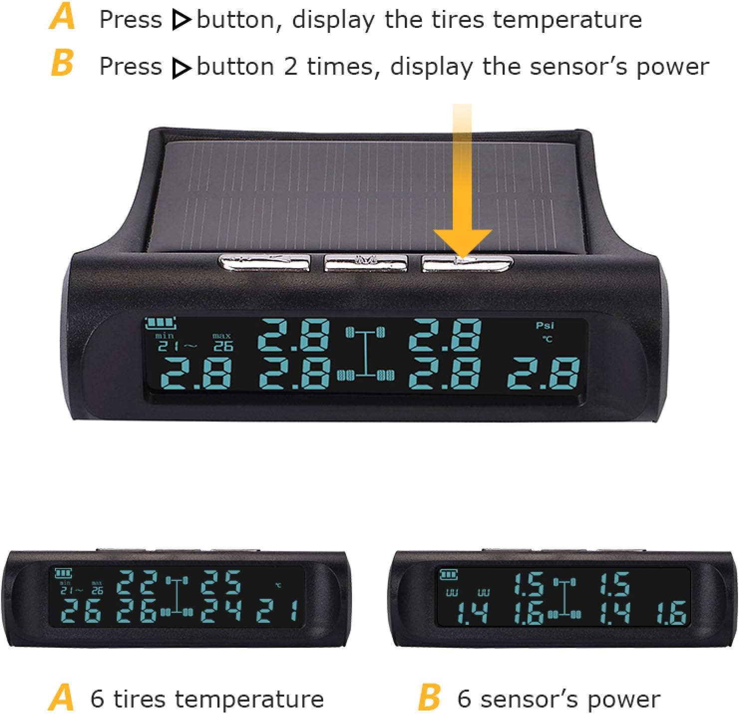 Solar Power Tire Pressure Monitoring System, 6 Wheels TPMS Pressure Sensor Monitor with LCD Display, 0-116Psi, Real Time Tyre Pressure Detector for RV Truck Suvs