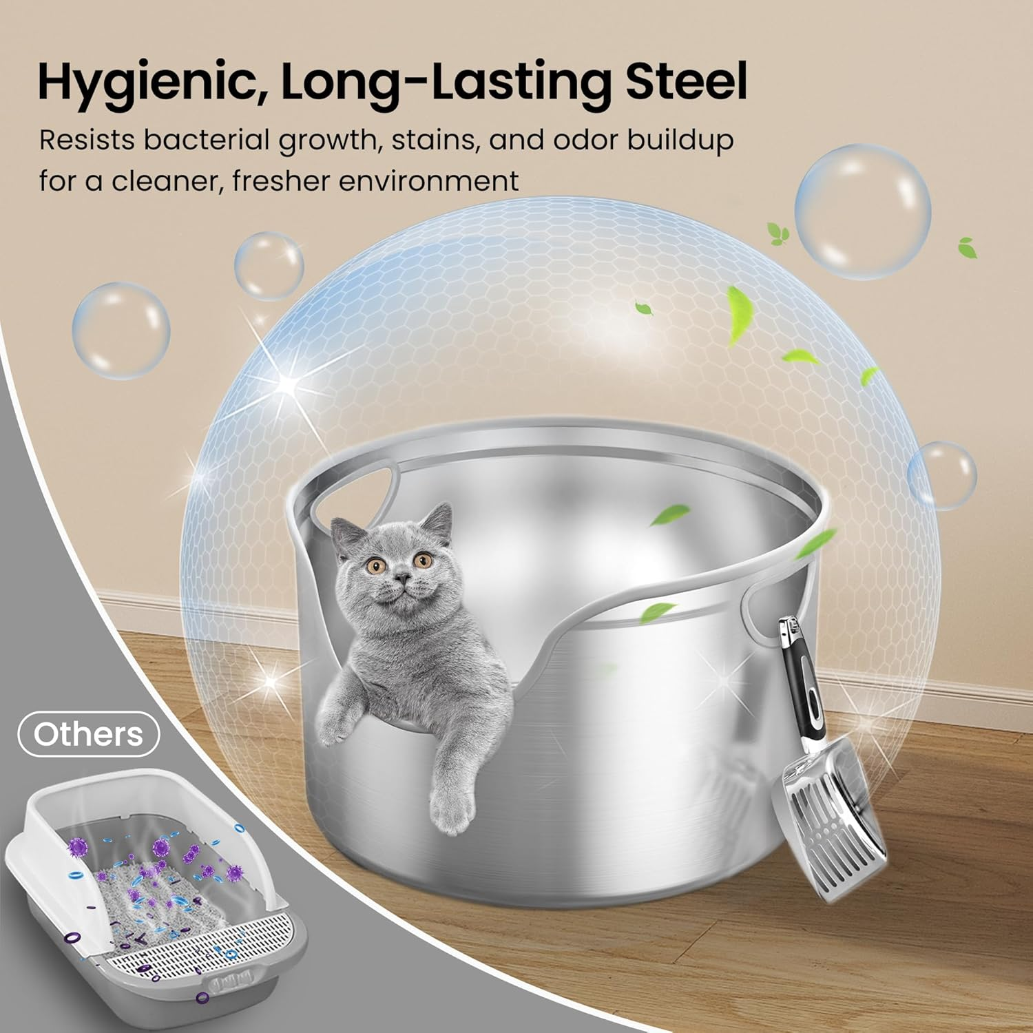 Stainless Steel Litter Box Metal with Integrated round for XL/XXL Big and Multi Cats, 31 Cm High Wall High Side, Odor Control, Easy to Clean, Durable, Includes Stainless Steel Scoop image number 4