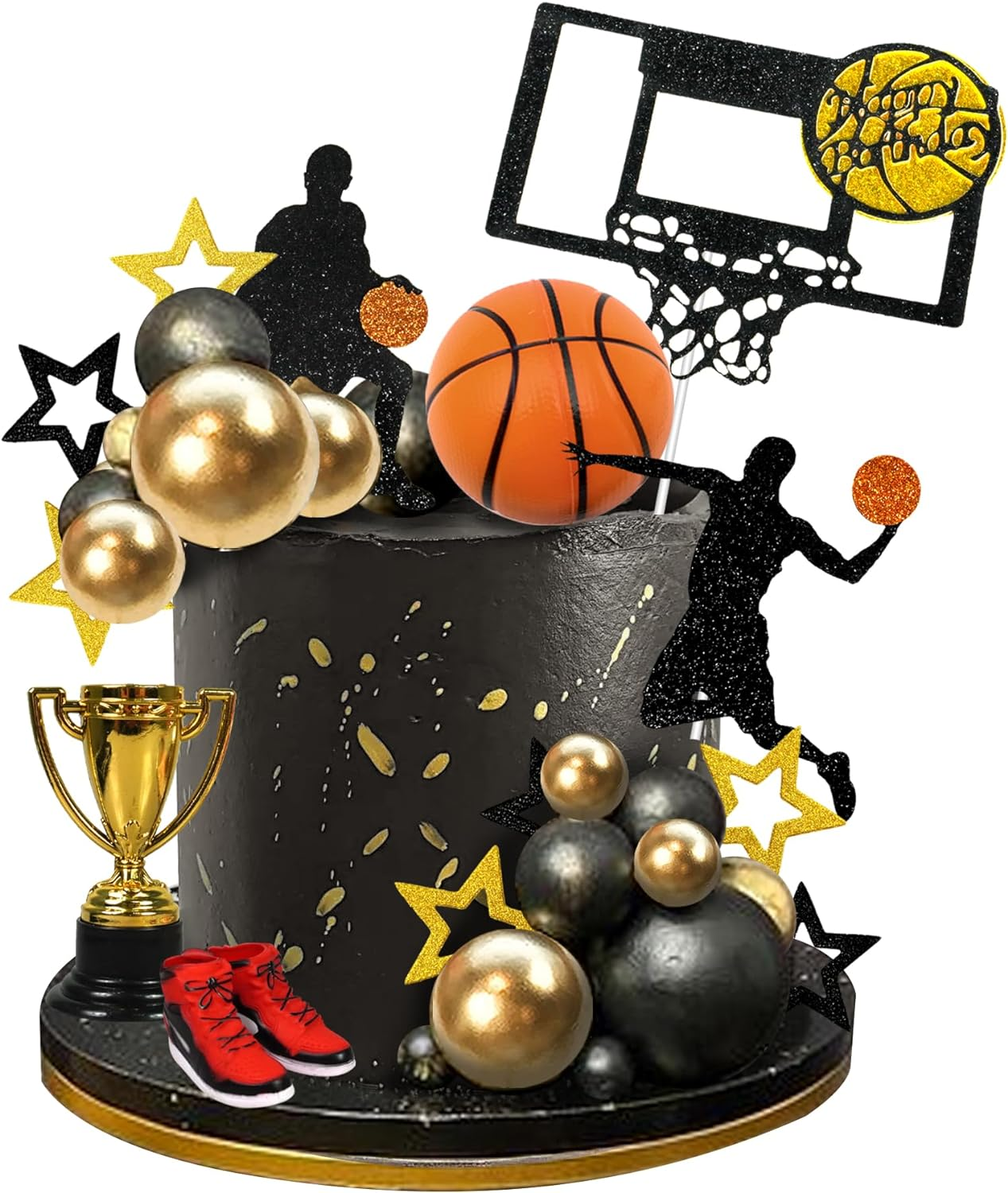 DRWATE 28 PCS Basketball Cake Toppers Black Gold Ball Theme Decoration for Boy Birthday Party Supplies Decorations (Style 1) image number 3