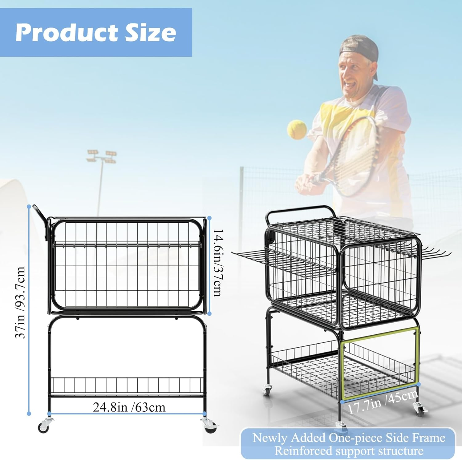 Ball Storage, Tennis Ball Cart for 350 Balls, Trolley Cart with Wheels Laundry Basket, Extra Large Utility Trolley for Storage Sport Equipments DIY Tools Toys Ball Hopper Tennis Racket image number 3