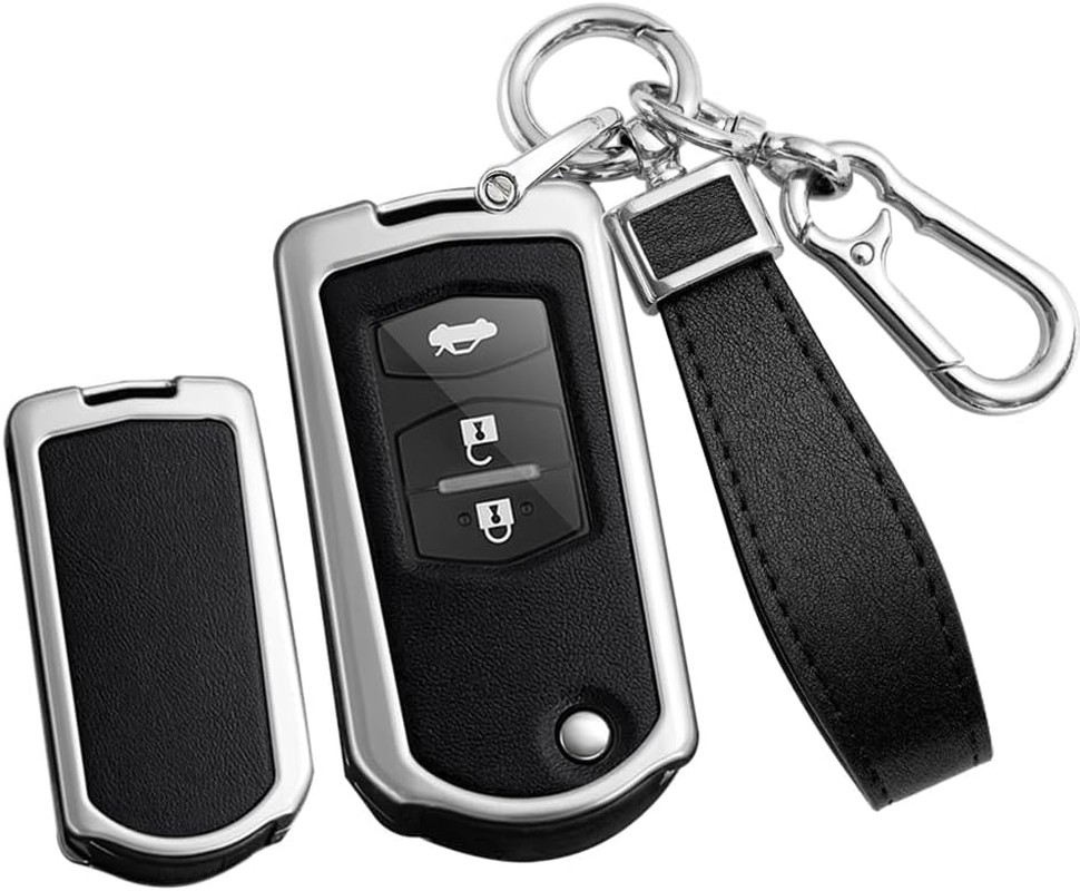 Folding Car Key Case Key Cover Zinc Alloy Leather Keychain Fit for It for Mazda 2 3 5 6 CX5 CX7 CX9 RX8 M6 MX5 Key Shell Protection Covers 2 3 Buttons Key Fob Holder Cover Keyring Silvery-Black image number 6