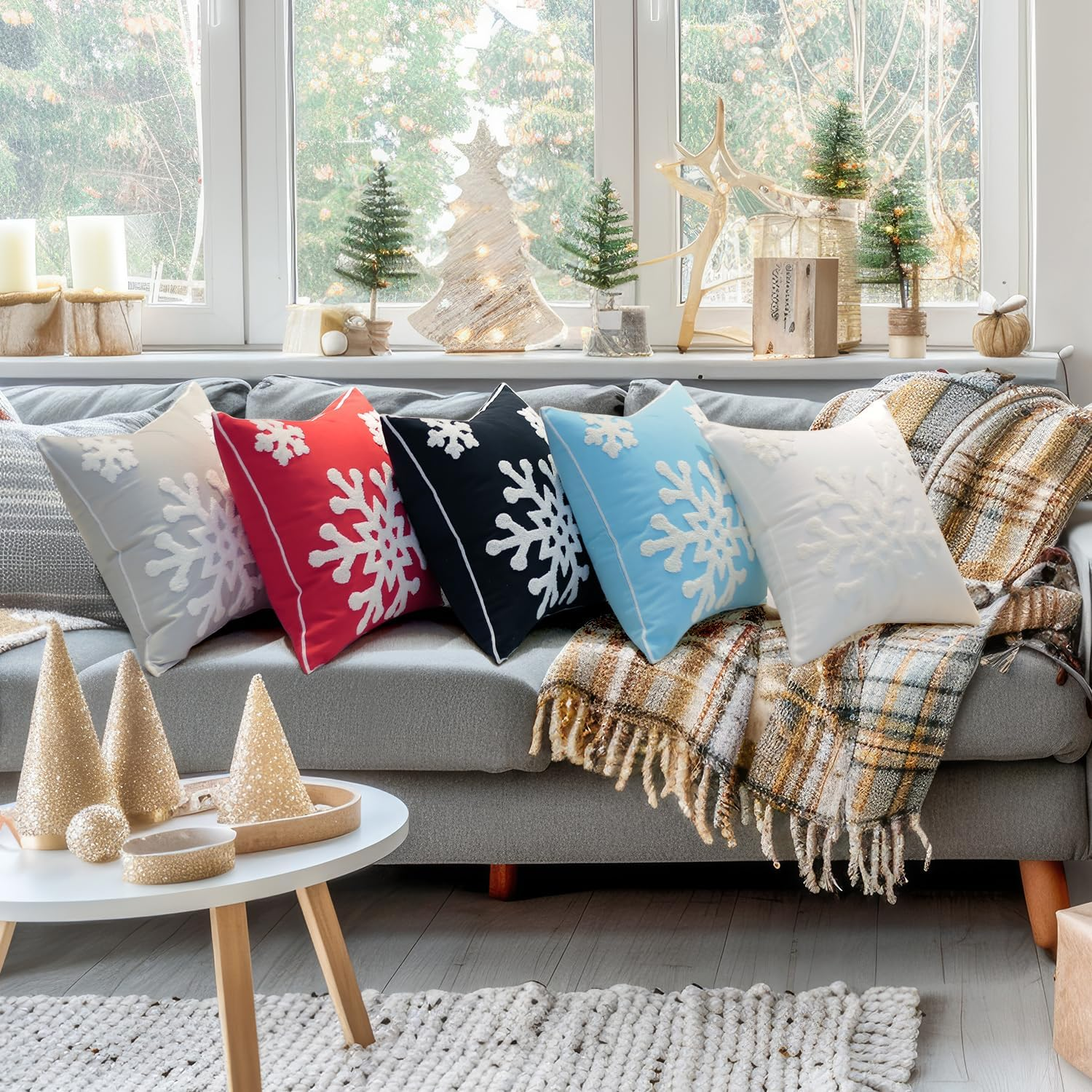 E.Life 18X18 Soft Canvas Christmas Winter Snowflake Style Cotton Linen Embroidery Throw Pillows Covers W/Invisible Zipper for Bed Sofa Cushion Pillowcases for Kids Bedding (1 Pair White) image number 3