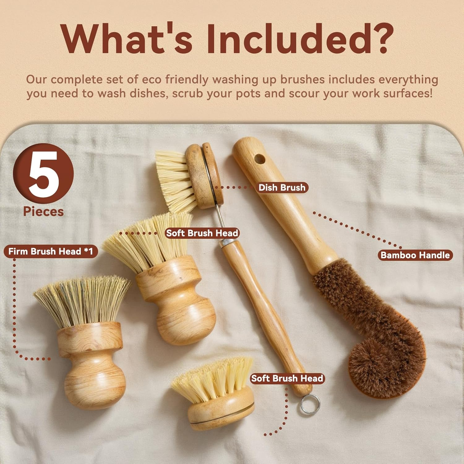 Sashion Bamboo Dish Brush Set - 5 Pack Wooden Dish Brush Scrubber Brushes, Soft Sisal Dish Scrubbing Brush with Handle, Palm Scrub Brush and Straw Brush, Fruit Vegetable Cleaning Brushes image number 4