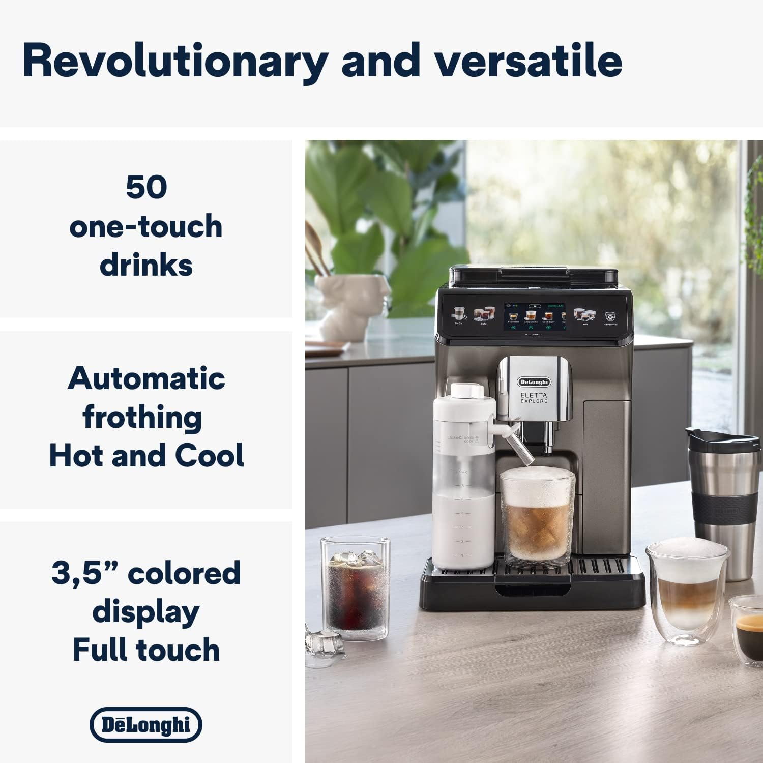 De'Longhi Eletta Explore ECAM450.86.T, Automatic Coffee Machine, Hot & Cold Automatic Milk Frothing, Cold Brew, Iced Coffee, over 50 Recipes, Integrated Grinder, Travel Mug, Wi-Fi, Titanium image number 3