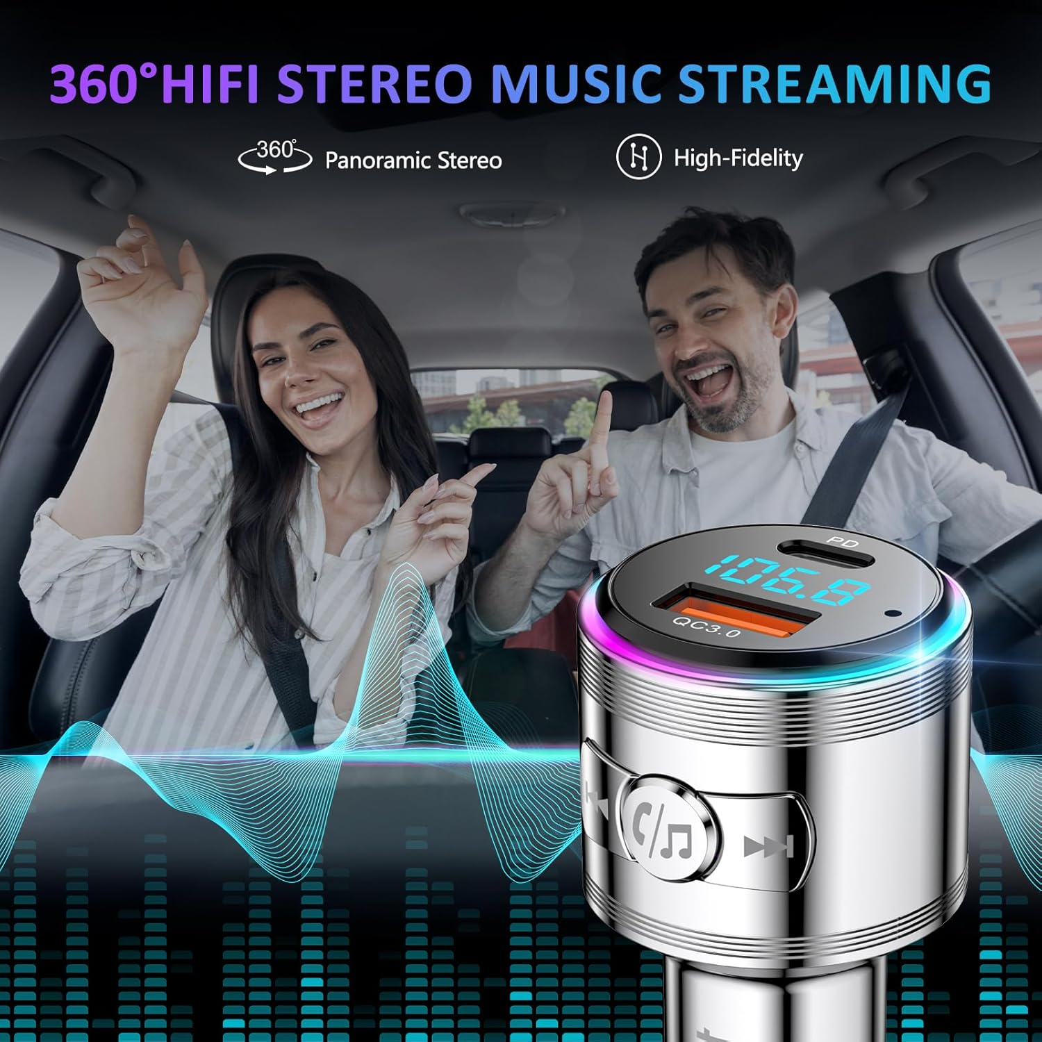 LENCENT Car FM Transmitter Bluetooth 5.3, PD 20W & QC3.0 18W Fast Car Charger, Wireless Bluetooth Car Adapter Music Player/Car Kit, Hi-Fi Sound & Hands-Free Calls, Supports Voice Assistant, All Metal image number 2