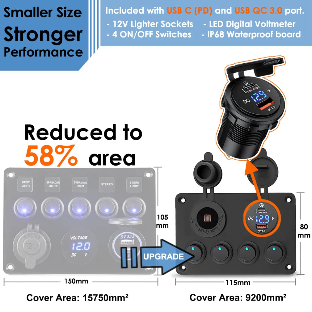Toggle Switch Panel with USB C, IP65 Waterproof Aluminum Panel, USB Charger + Lighter Socket + Digital Voltmeter, 4 Gang 12V/24V Rocker Switches Builtin 15A Fuse for Car Boat RV Vehicles Truck Marine image number 5