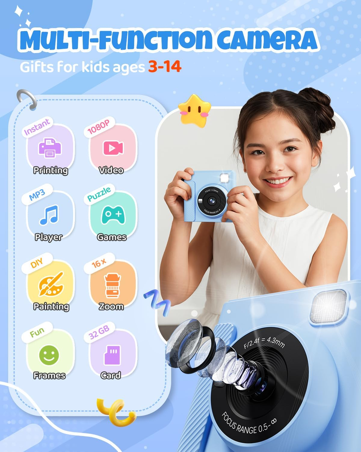 Kids Instant Print Camera, Christmas Birthday Gifts for Girls and Boys, 1080P HD Video Digital Kids Camera with Print Paper & 32G Card, Toddler Toy for 3-14 Years Old (Blue) image number 6