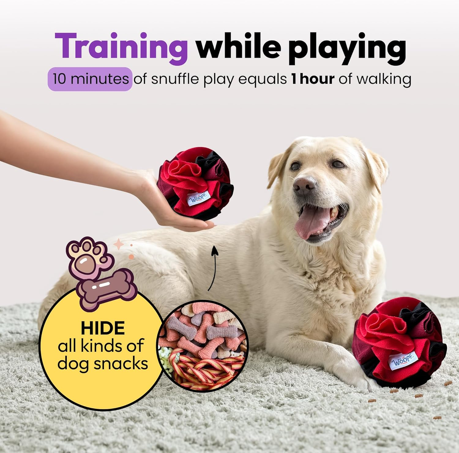 Snuffle Ball for Dogs - Soft Interactive Toy for Mental Enrichment, Slow Feeding, Boredom & Stress Relief, Foraging - Thick & Durable Polar Fleece Treat Ball for Dogs - 7.9", Large, Strawberry image number 3