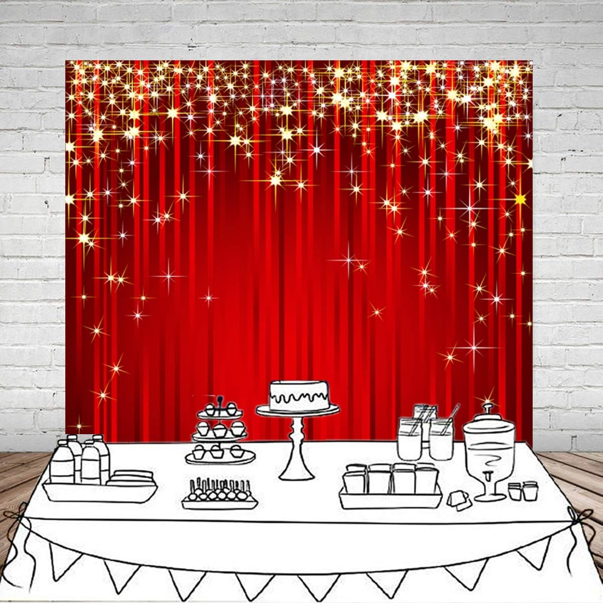 Sensfun 6X6Ft Red Star Christmas Backdrop Gold Glitter Star Photography Background Red Streamer Photobooth Backdrops for Adult Awards Event Kids Birthday Party Decor Portrait Photo Shoot Studio Props image number 1