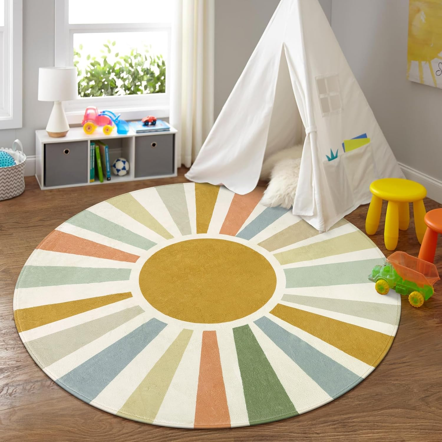 STARUIA Boho Sun round Area Rug, 6'X6', Monet, Living Room, Nursery, Playroom, Non-Slip, Washable image number 4