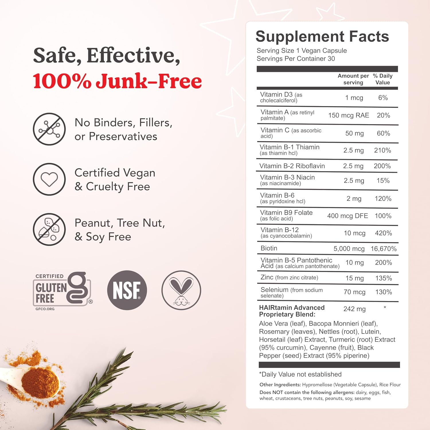 Hairtamin Fast Hair Growth Biotin Vitamins Gluten Free Thirty Vegetarian Capsules Supports Stronger Longer Thicker Hair Reduces Hair Loss and Thinning All Natural Supplement Three Pack image number 2