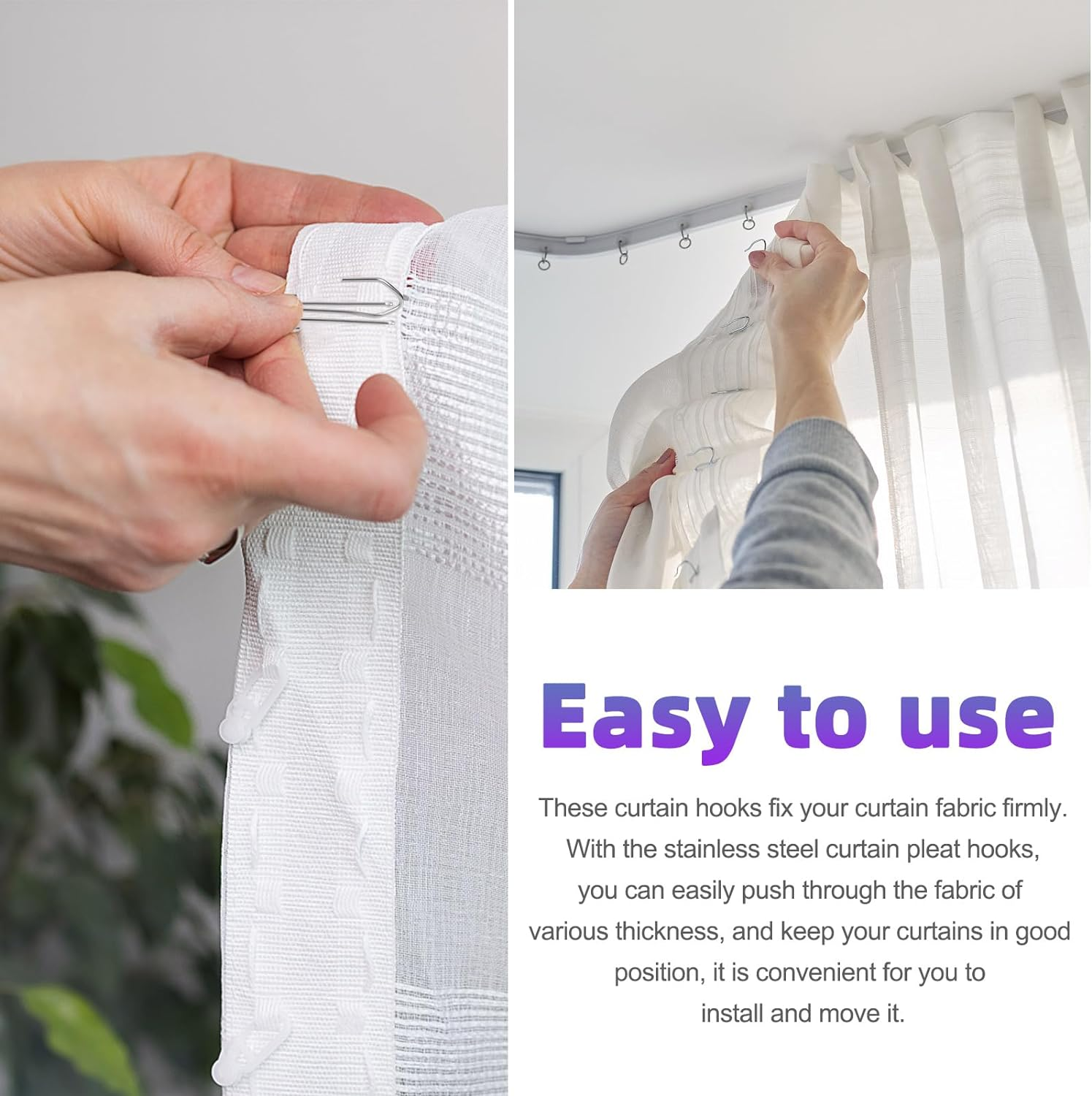 Swpeet 30Pcs Silver Stainless Steel Curtain Pleat Hooks,Drapery Hook and Pin for Pleated Drapes 4 Prongs Pinch Pleat Hook Clips, 4 End Curtains Hangers for Window Curtain, Door, Bathroom image number 3