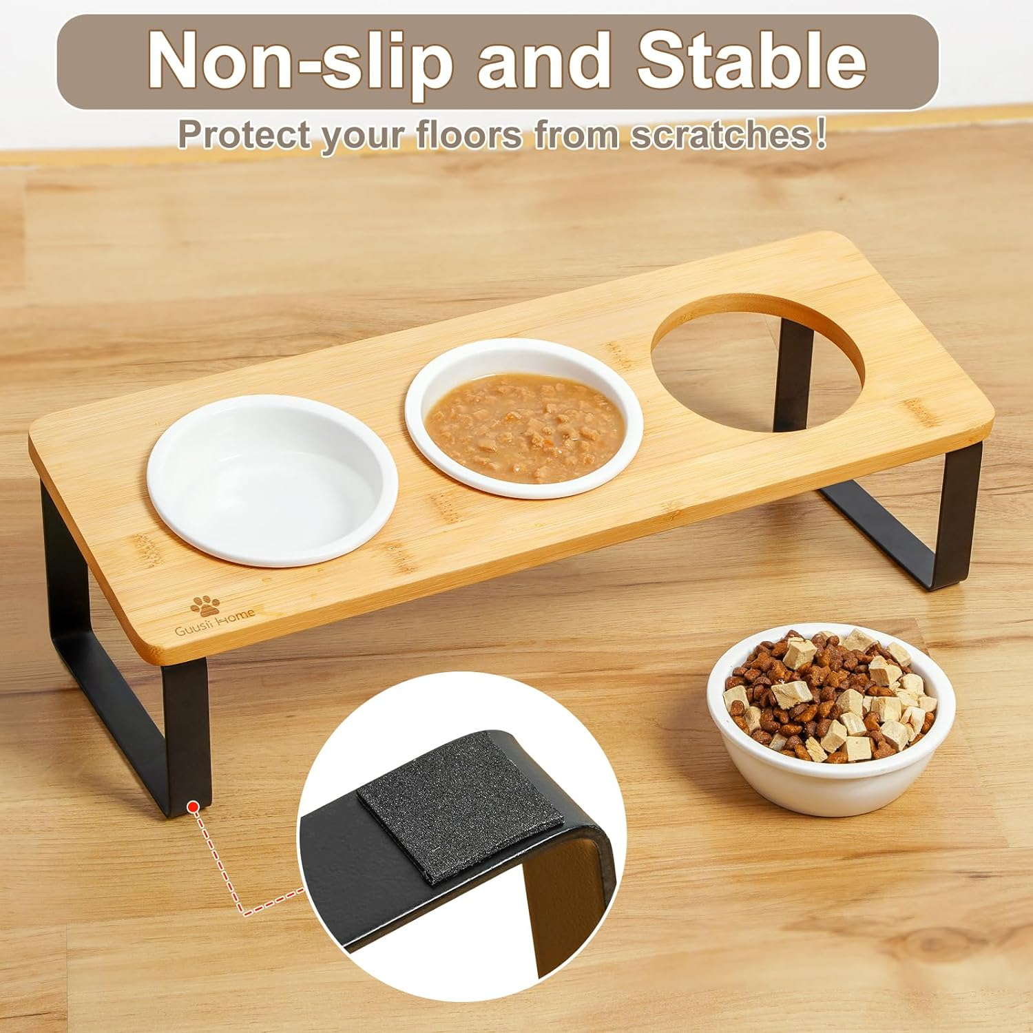 Sunhoo Raised Cat Food Water Bowl Elevated Tilted Kitty Dishes Set of 3 Ceramic Dish for Indoor Cats Orthopedic Pet Food Stand Reduces Vomiting 3 Bowl Cat Feeder Easy Assembly(Wood Color) - Wood Color image number 6