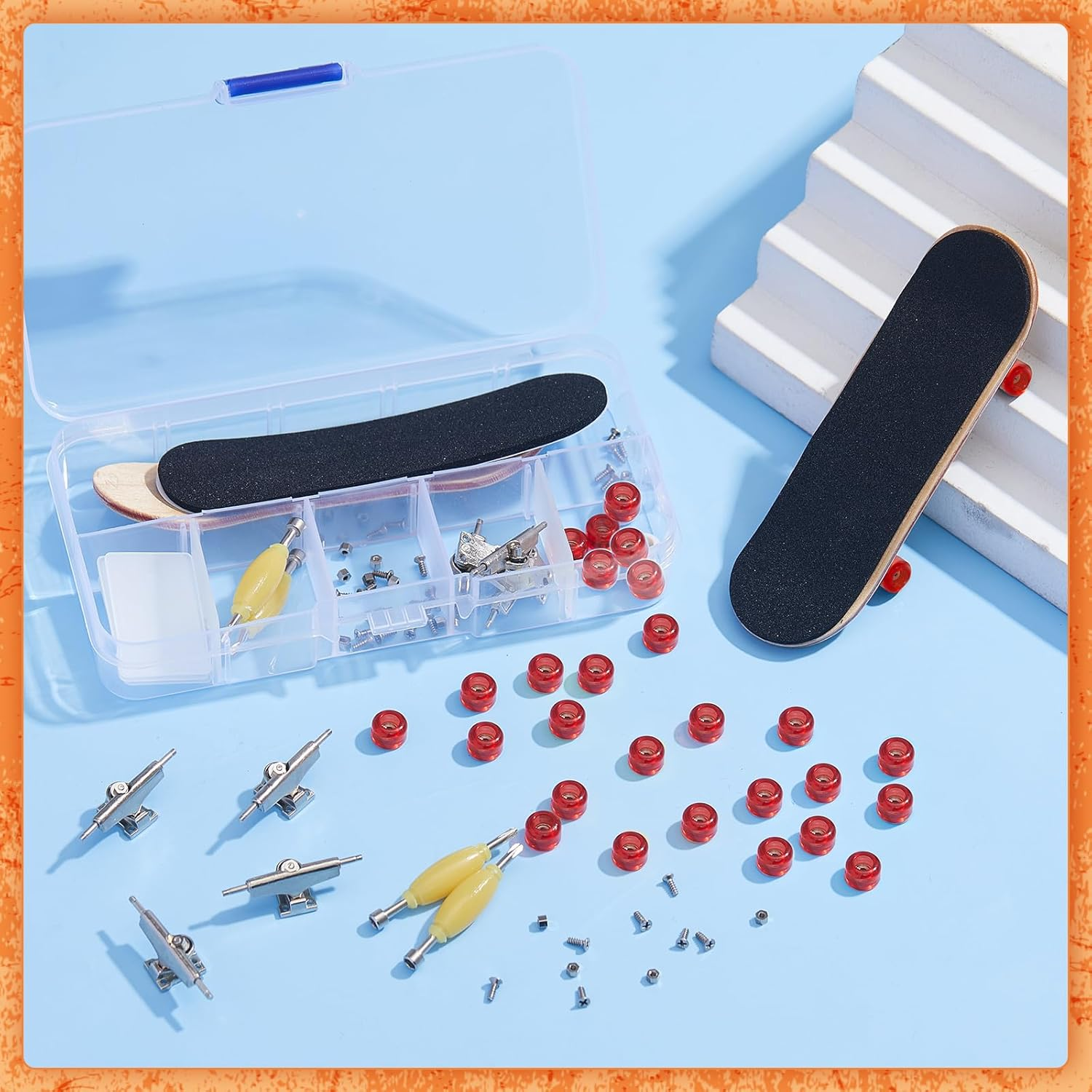 Jexine 6 Sets DIY Fingerboard Kit Fingerboard Accessories Mini Finger Skateboard Parts Include 12 Brackets 54 Screws 30 Nuts 6 Screwdriver 24 Board Wheels Tool for 96Mm(Red) image number 4