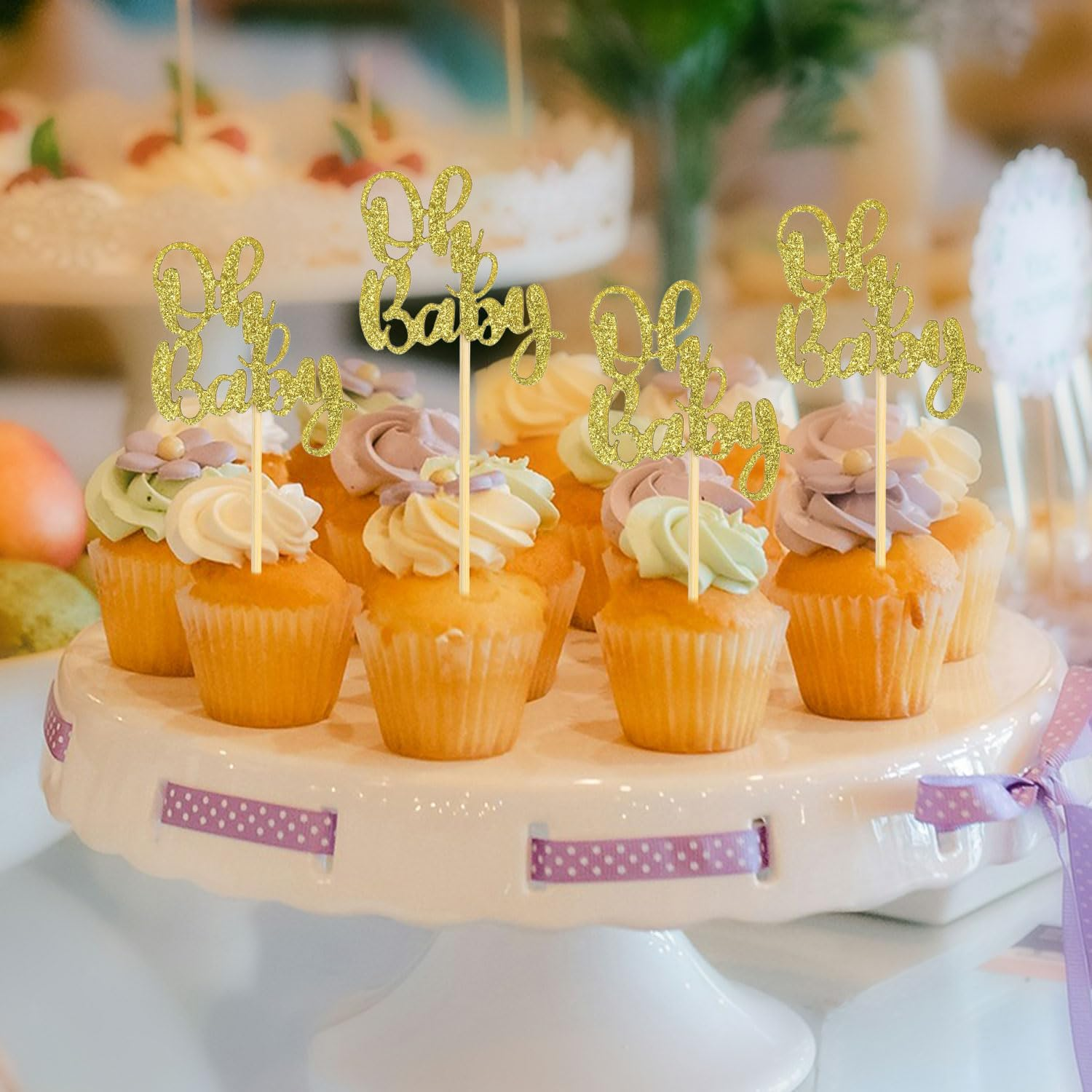 24Pcs Oh Baby Cupcake Toppers, Glitter Cake Picks for Boy or Girl Theme Baby Shower - Gold Decorations for Kids Birthday Party Supplies image number 3