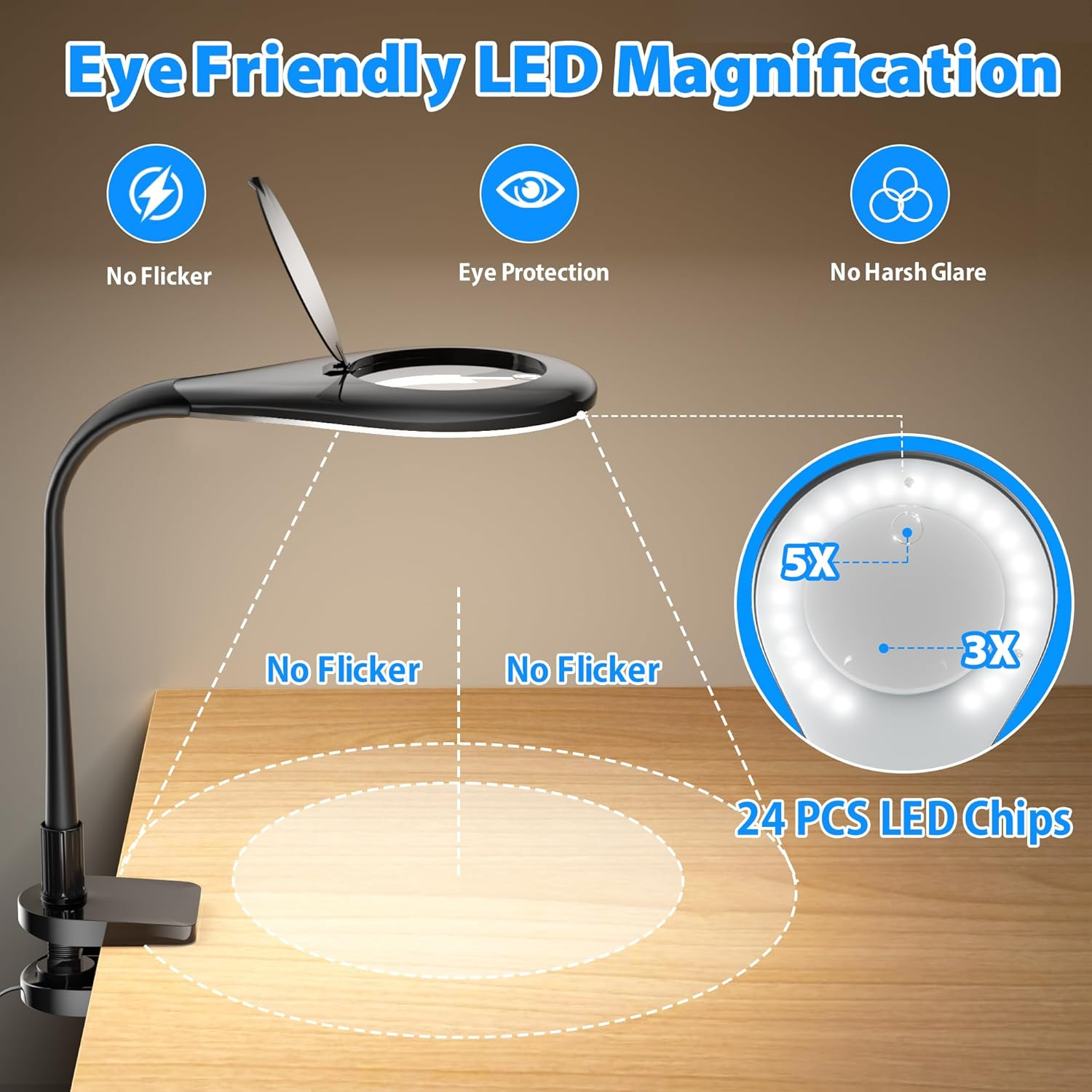 Deeloop Desk Magnifying Glass with Light and Stand, Flexible Gooseneck 5X&3X Real Glass Lens LED Magnifying Desk Lamp with Clamp, Hand Free Magnifying Lamp for Reading,Crafts, Repair,Close Work