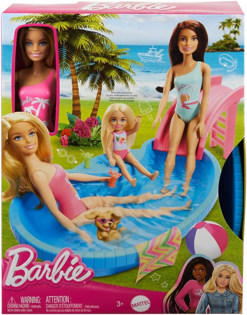 Barbie Doll and Pool Playset, Blonde in Tropical Pink One-Piece Swimsuit with Pool, Slide, Towel and Drink Accessories