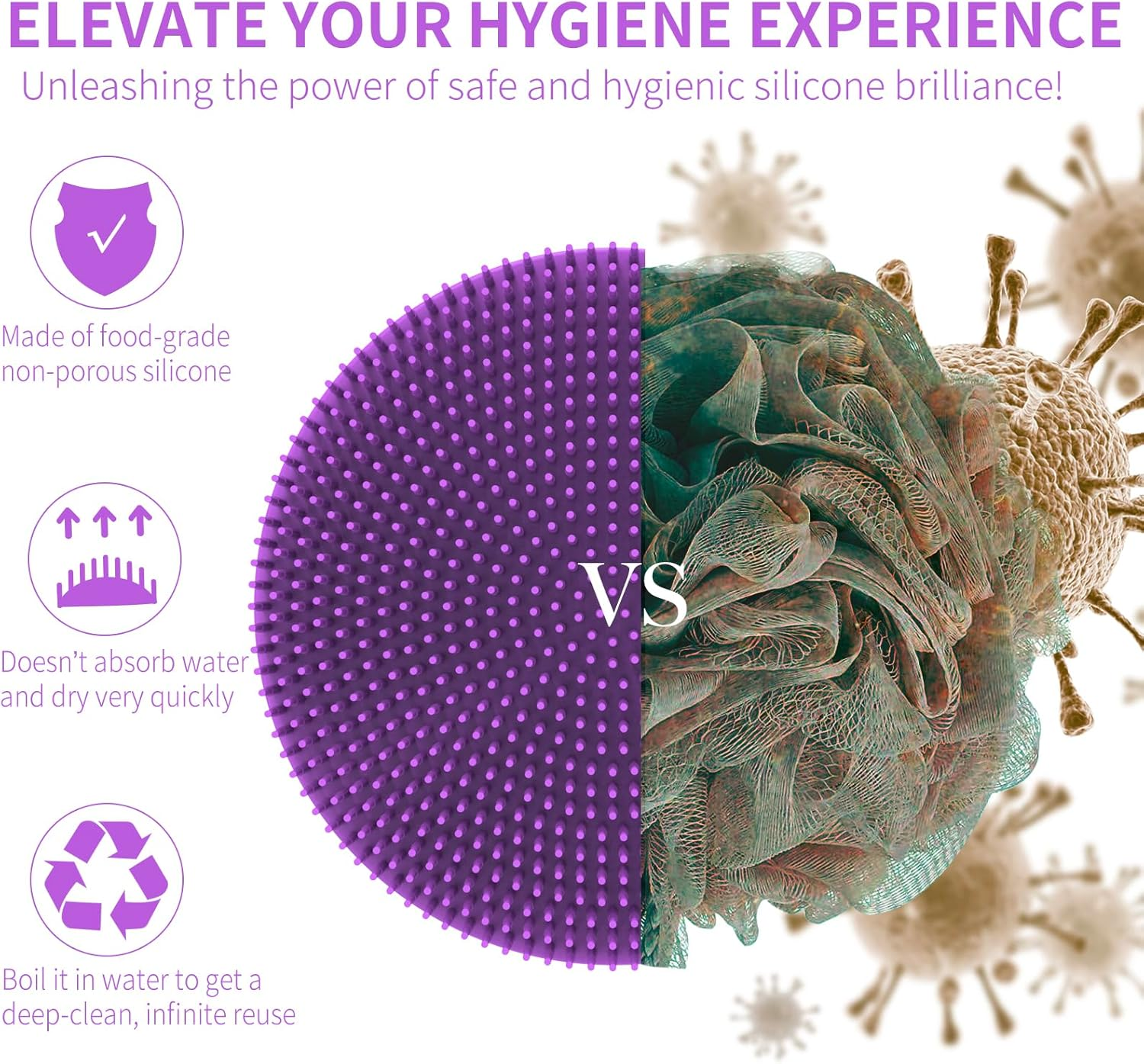 Silicone Body Scrubber Shower Bath Brush, More Hygienic than Traditional Loofah, Lather Nicely, Long Lasting, Gentle Exfoliating for Women Men Baby Sensitive Skin, 1 Pack, Purple - Purple image number 5