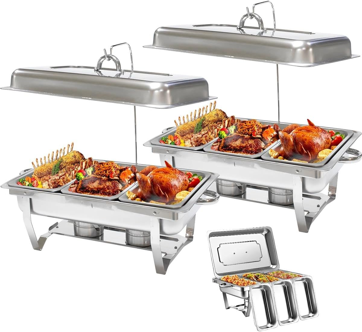 2PACK 11L Chafing Dish Buffet Food Warmer Pan Set with Cover Stand, Stainless Steel Catering Chafer Warmer Set with Trays, Lid, Fuel Holder, for Kitchen Party Banquet Dining (3X3L Food Pan) image number 4