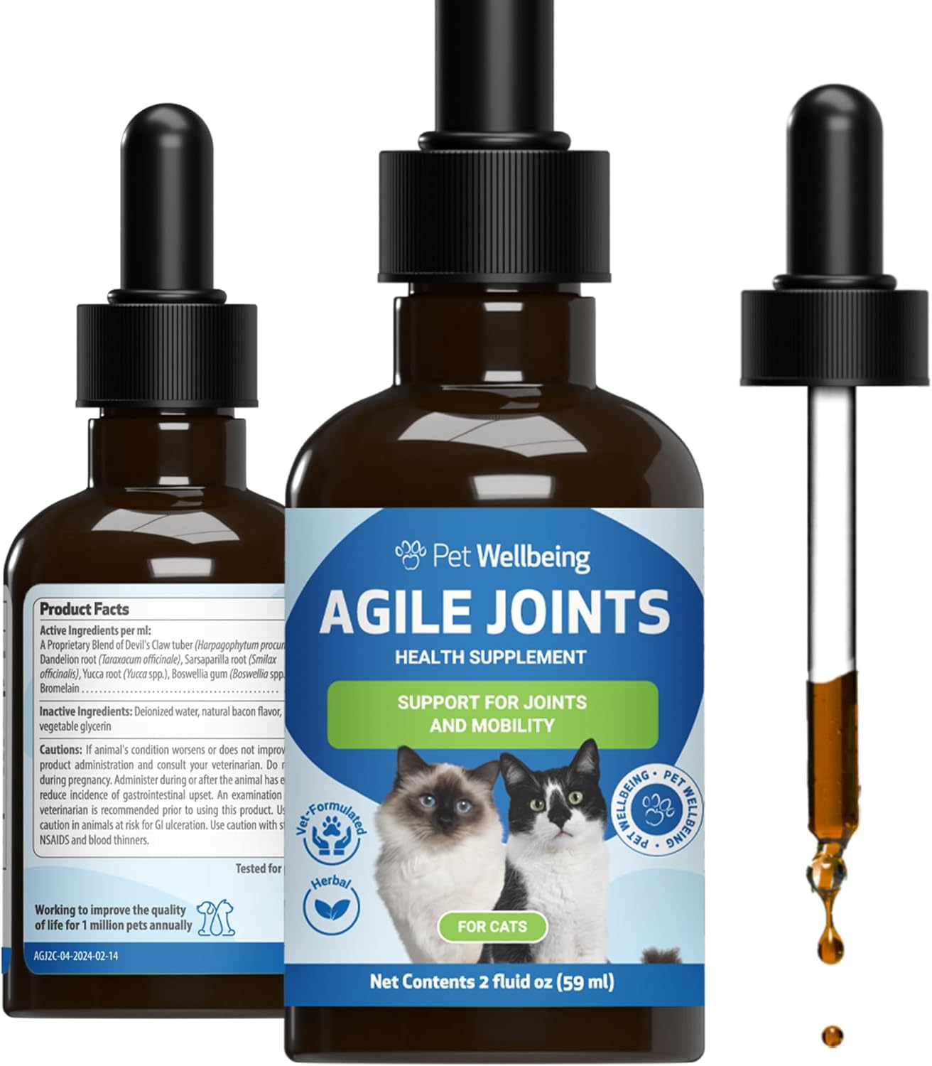 Pet Wellbeing Agile Joints for Cats - Hip and Joint Health, Mobility, Joint Ligament and Cartilage, Devil&rsquo;S Claw, Boswellia - Veterinarian-Formulated Herbal Supplement 2 Oz (59 Ml)