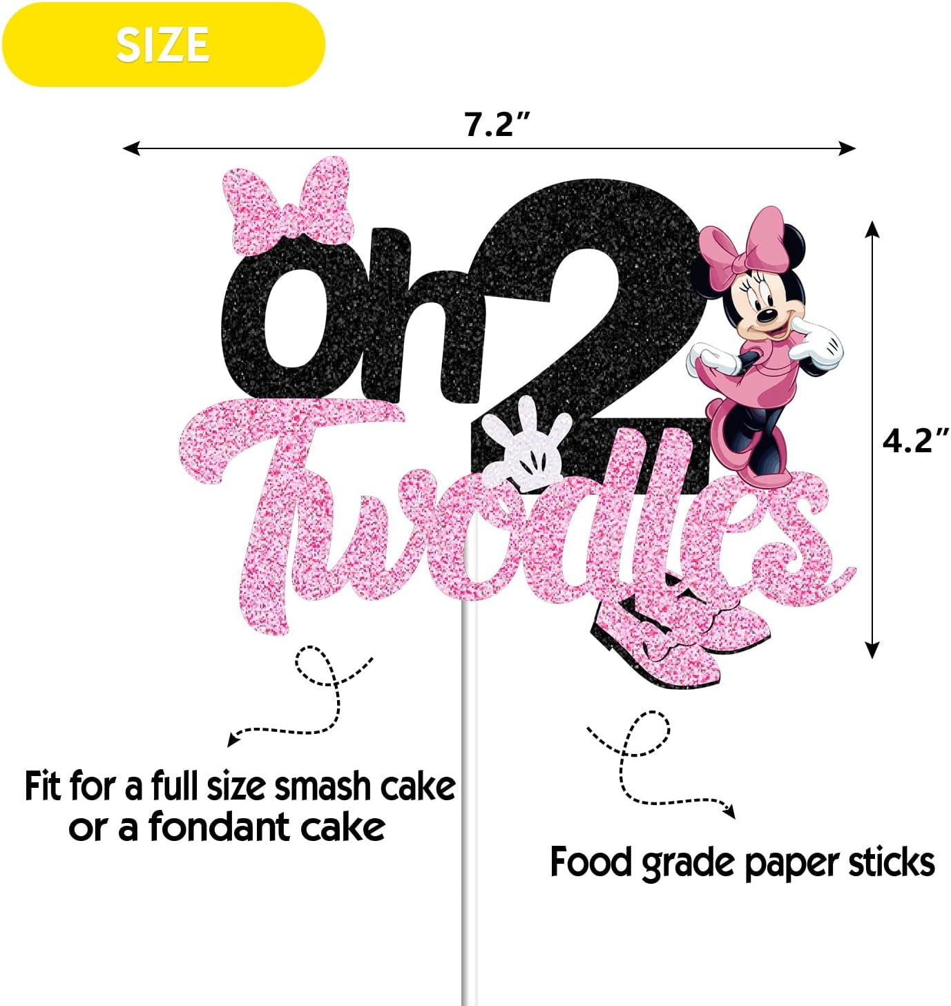 Oh Twodles Cake Topper for Girls, Black Glitter Mouse Second 2Nd Birthday Cake Topper with Pink Bows and White Gloves Girls Birthday Party Decorations Supplies(Double-Sided) image number 2