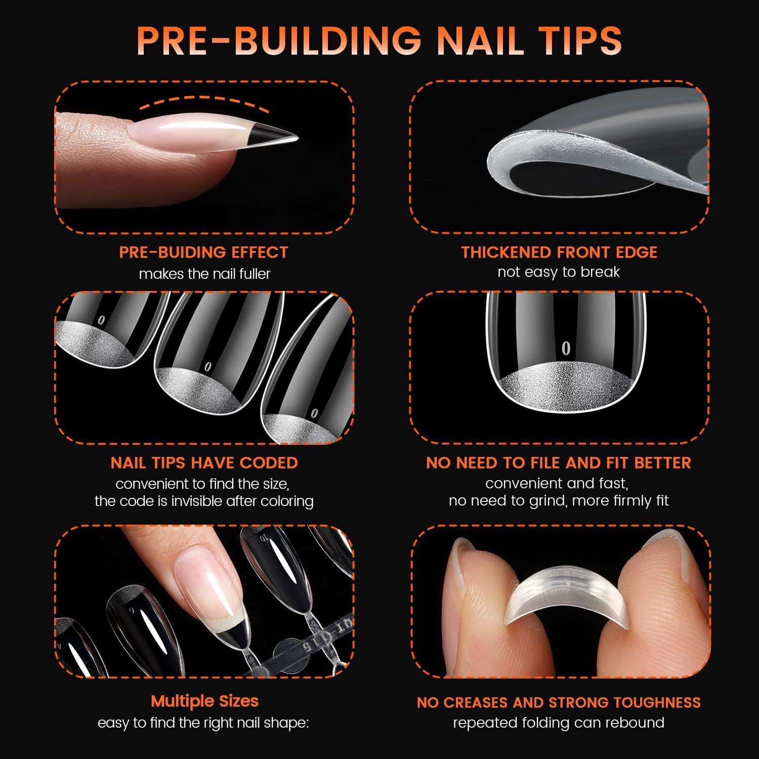 YOKEFELLOW Almond Nail Tips - 280Pcs Tipex Instant Apex Nail Tips Rear Edge Pre-Etched 14 Sizes Crafted with a High Apex and Seamless Extension Acrylic Nails Kit Press on Nails DIY Salon image number 5