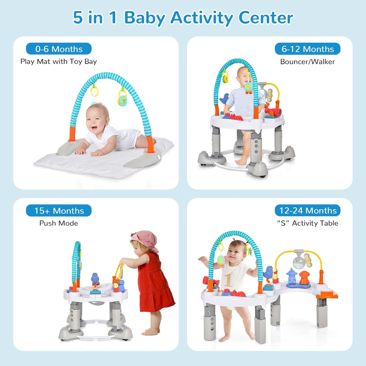 INFANS Baby Bouncer Activity Center, 5 in 1 Toddler Bouncing Activity Saucer Playtime Mat Activity Table with 360&deg;Rotating Seat, 3 Adjustable Height, Foldable Exersaucer Learning Walker (Light Grey) - Light Pink image number 6