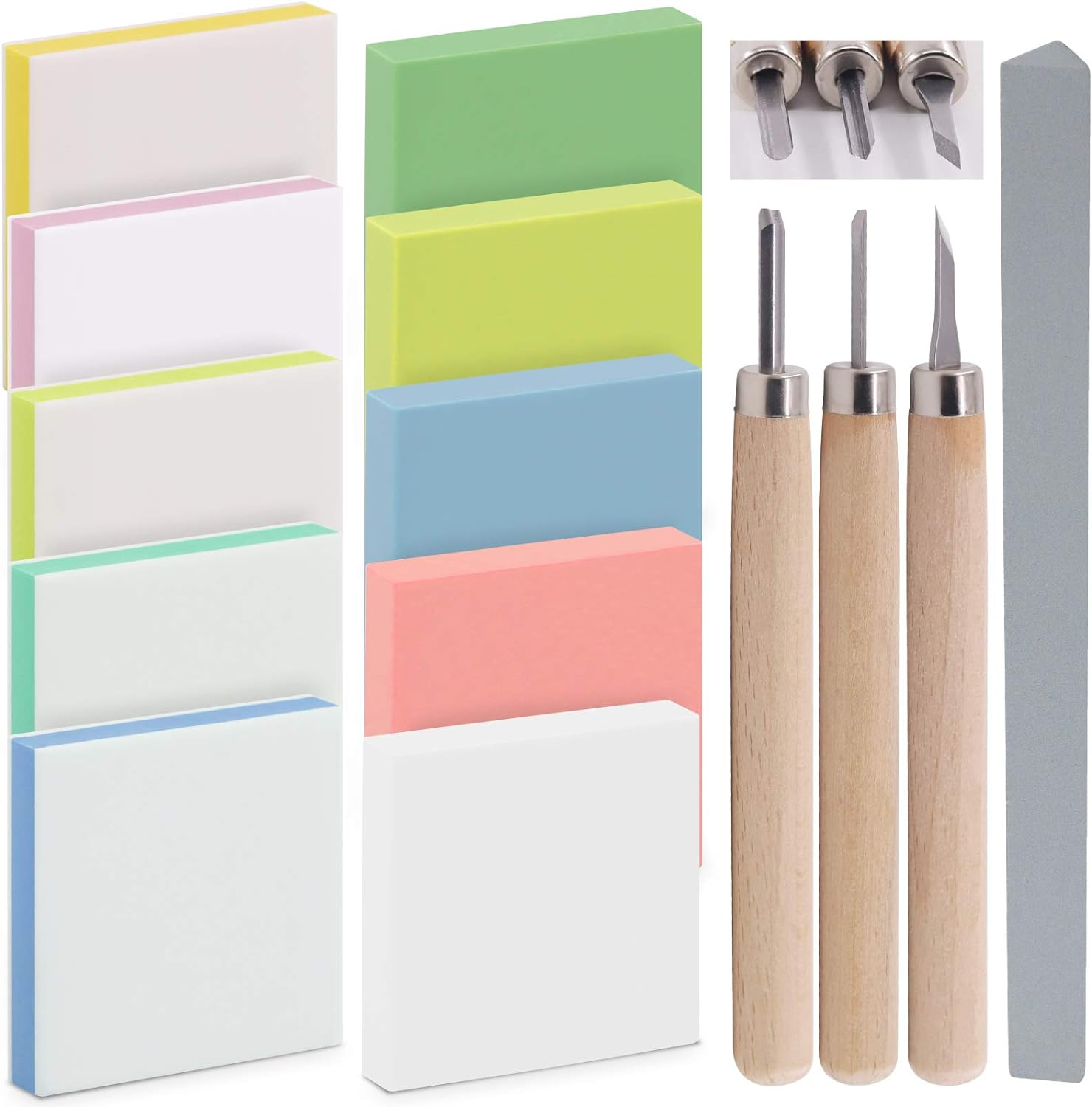 14Pcs Mixed Carve Printing Kit with Carving Knives and Whetstone, Rubber Stamp Blocks Set for Beginners or Professionals, Printmaking, Sculpting, Stamping image number 4