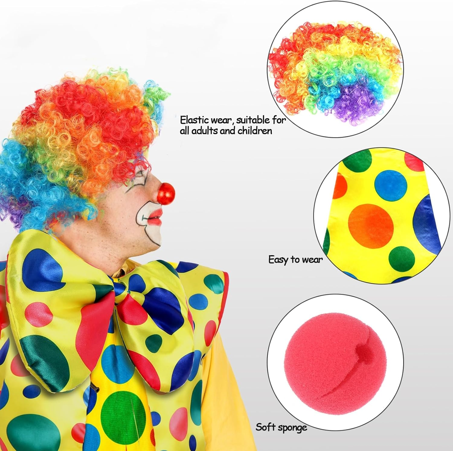 4 Pcs Clown Costume Wig Set, Rainbow Wig Red Clown Nose Tie White Gloves for Halloween Parties Christmas Carnival Circus Cosplay Party Men Women Kid Adults image number 5