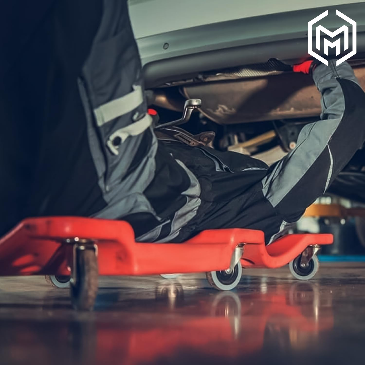 M-AUTO Plastic Rolling Garage Creeper with Padded Headrest 36" Light Weight Automotive Creeper Mechanic Cart with Dual Tool Trays and Noiseless Casters, Red image number 6