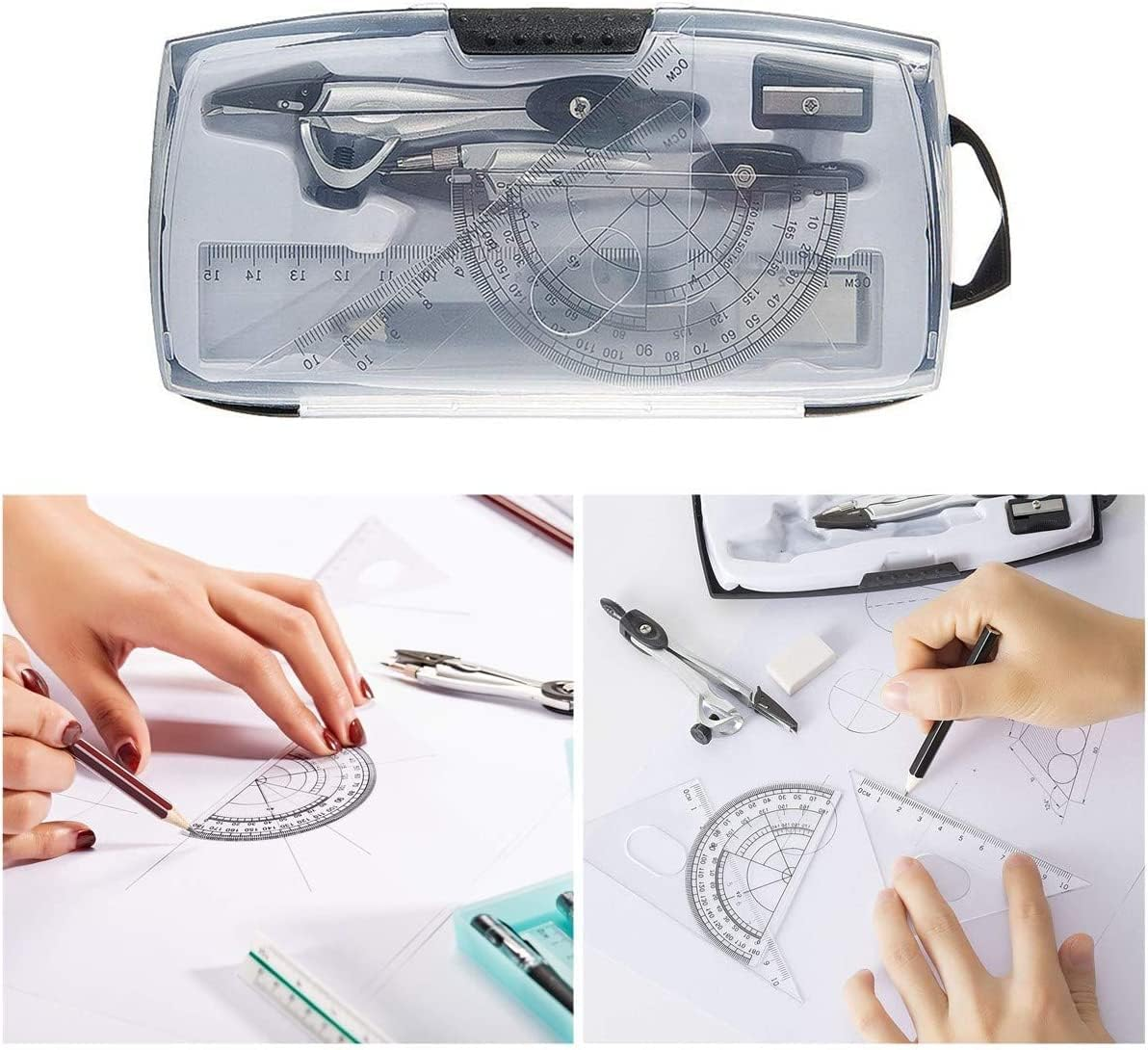 Geometry Compass Sets,Geometry Set Math Compass,Math Compass for Geometry Set,10Pcs Math Geometry Kits Compass Maths Tool with Compass,Protractor,Ruler Eraser, Pencil,Pencil Sharpener,Refills,Box image number 6