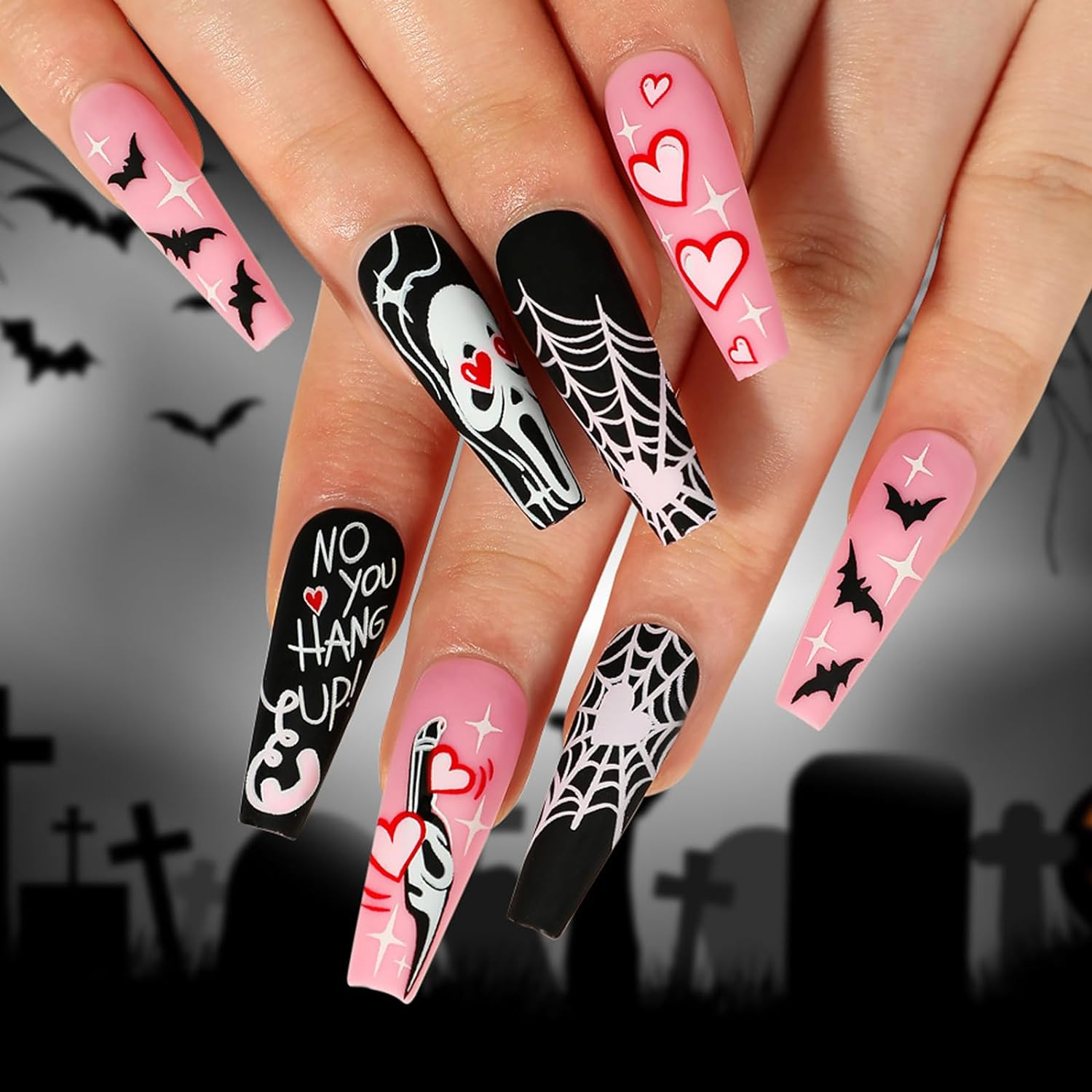 24Pcs Short Square Press on Nails Halloween Cute Fake Nails Black White Spider Web Cartoon Print Glossy Stick on Nails for Women DIY Manicure