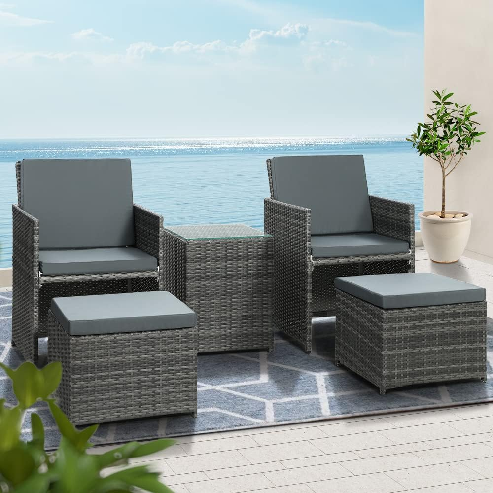 Gardeon Outdoor Lounge Setting 3Pcs Wicker Table and Chairs Bistro Set, Garden Furniture Patio Sofa Recliner Chair Rattan, with Ottoman Cushion Grey of 5 image number 5