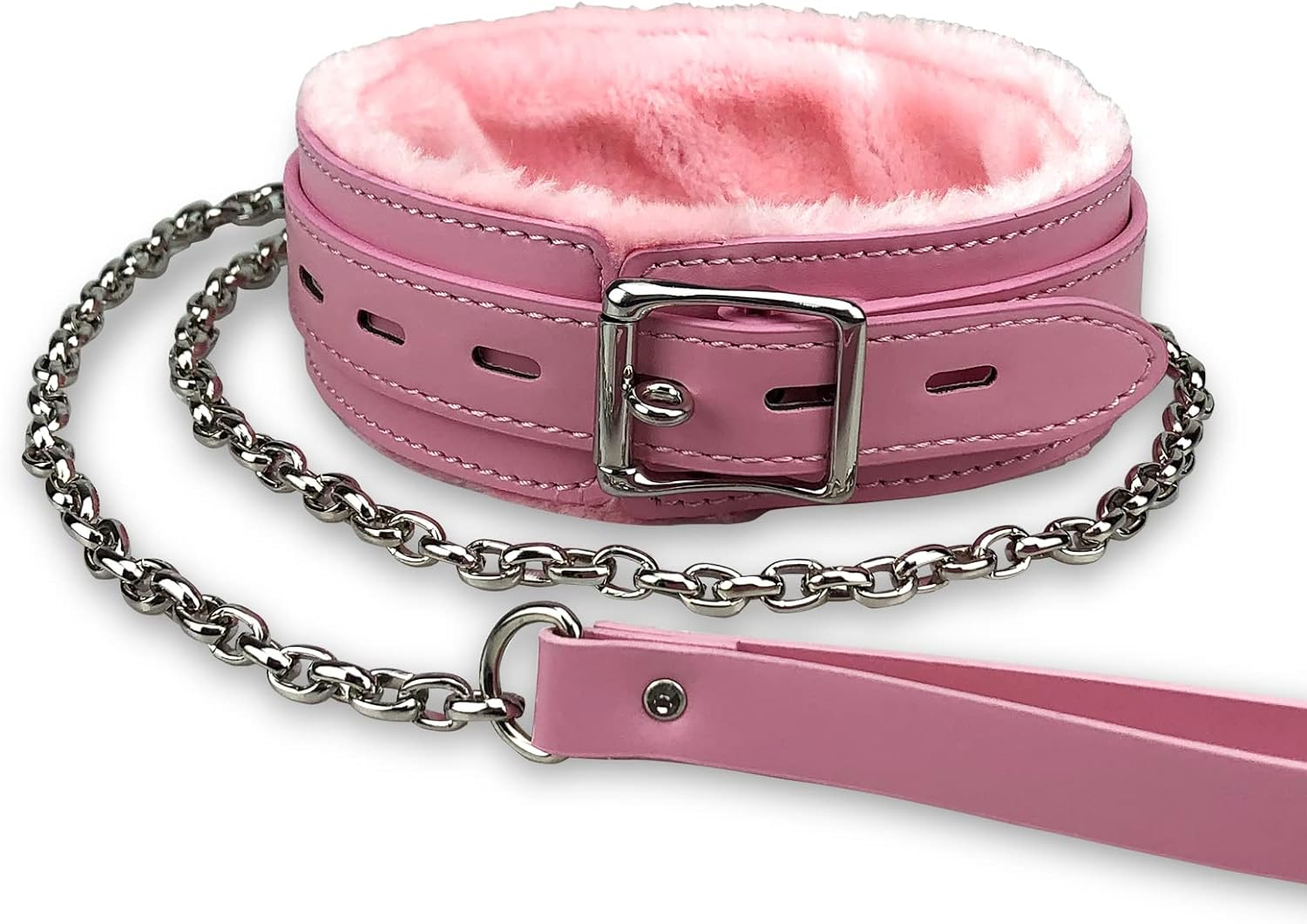 Gothic Leather Choker Collar, PU Leather Fur Lined Collars Necklace with Long and Durable Detachable Leash Chain Pet Collars, Pink