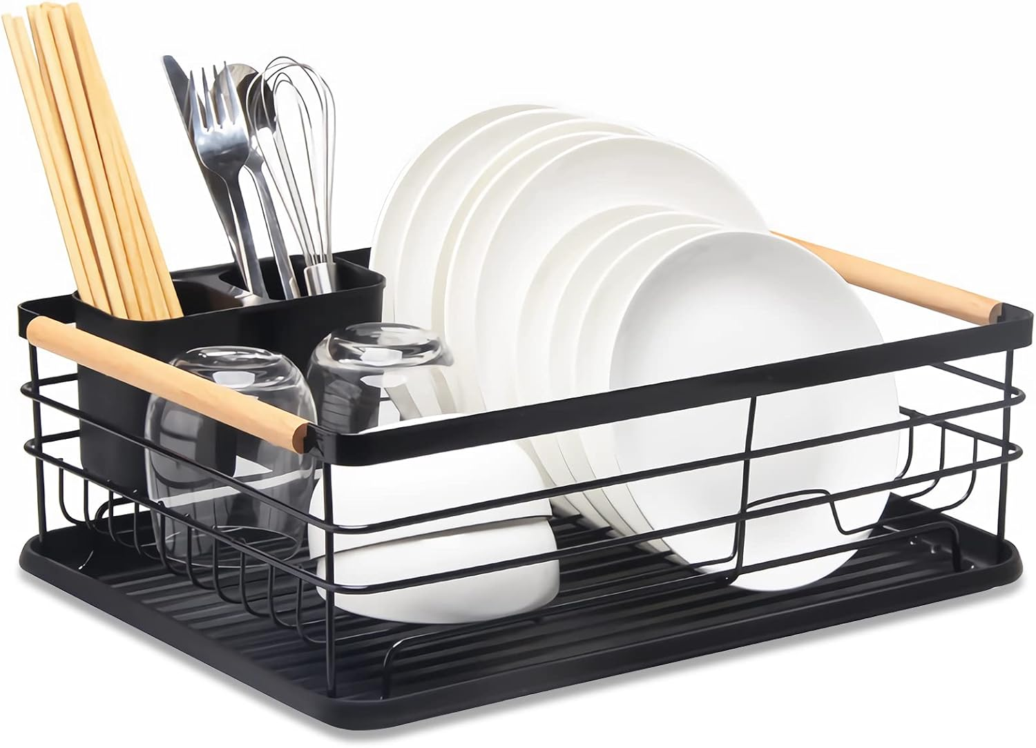 Dish Drainer Rack with Removable Drip Tray, Metal Kitchen Dish Drying Rack Organiser with Wooden Handles, Dish Rack, Dish Drainers, Black, 43 X 30.5 X 14 Cm image number 6
