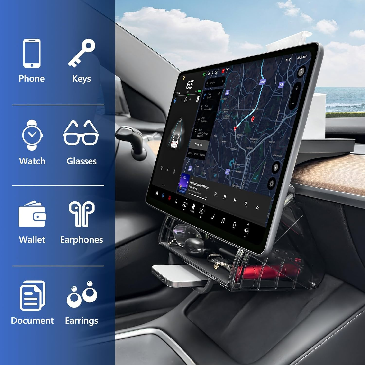 Car Center Console Organizer for Tesla Model 3 Model Y, Magnetic Tray under Screen Storage Box Dashboard Holder for Tesla Interior Accessories image number 6