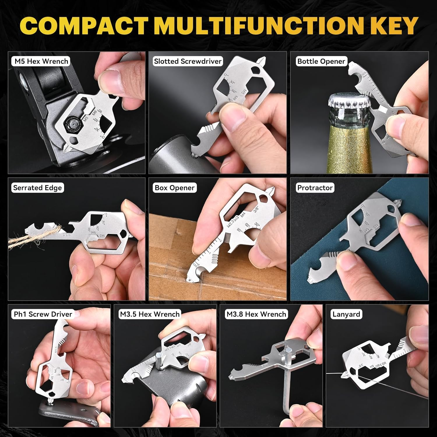 Key Shaped Pocket Multitool 26-In1 Multi Tool, Bottle Opener, Box Opener, Philip and Flat-Head Screwdrivers, 8 Size Hex Wrench, Allen Wrench, Ruler, Protractor, Wire-Stripper (Black) - Black image number 3