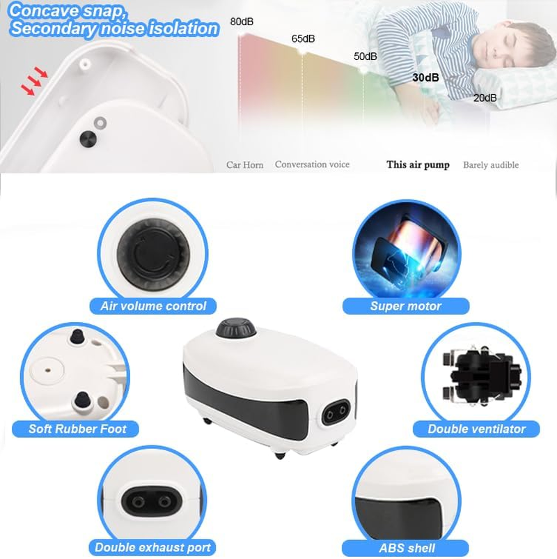 4W Fish Tank Air Pump, 6L/Min Quiet Adjustable Oxgen Pump, Powerful Aquarium Air Pump Aquarium Bubbler with All Accessories(Air Stone,Tubing Silicone,Check Valves) for 1-600L Fish and Turtle Tank