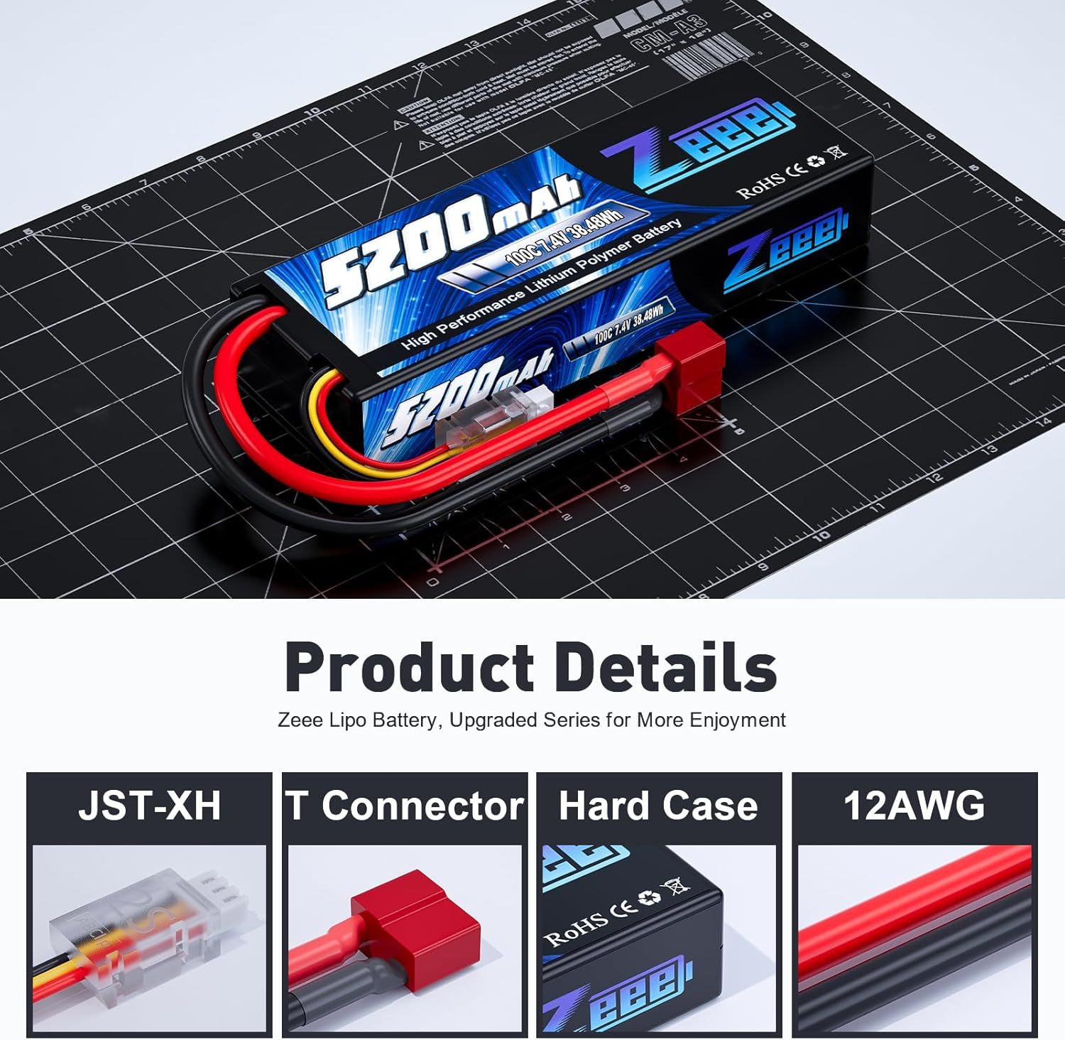 Zeee 2S Lipo Battery 7.4V 100C 5200Mah Hard Case with T Connector for 1/8 1/10 RC Vehicles Car Trucks Airplane Boats image number 2