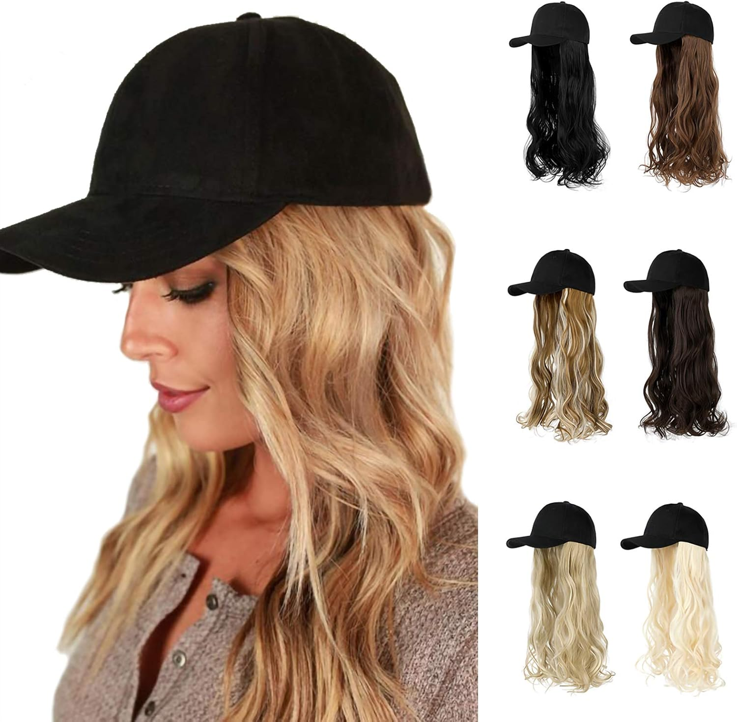 Aynnqueen Baseball Cap with Hair Extensions for Women Adjustable Hat with Synthetic Wig Attached 24Inch Long Wavy Hair Black Baseball Cap image number 3