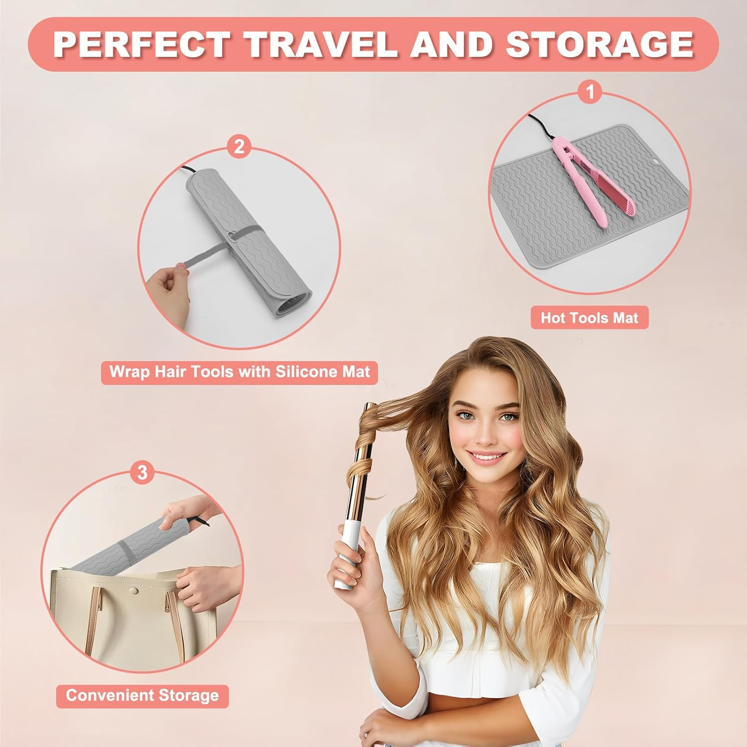 Oversize Silicone Heat Resistant Mat for Curling Iron, Hair Straightener, Flat Irons and Hot Hair Styling Tools, Portable Wrap Cover with Velcro for Home Travel Gym Salon(14.2"" X 11"") - Gray image number 5