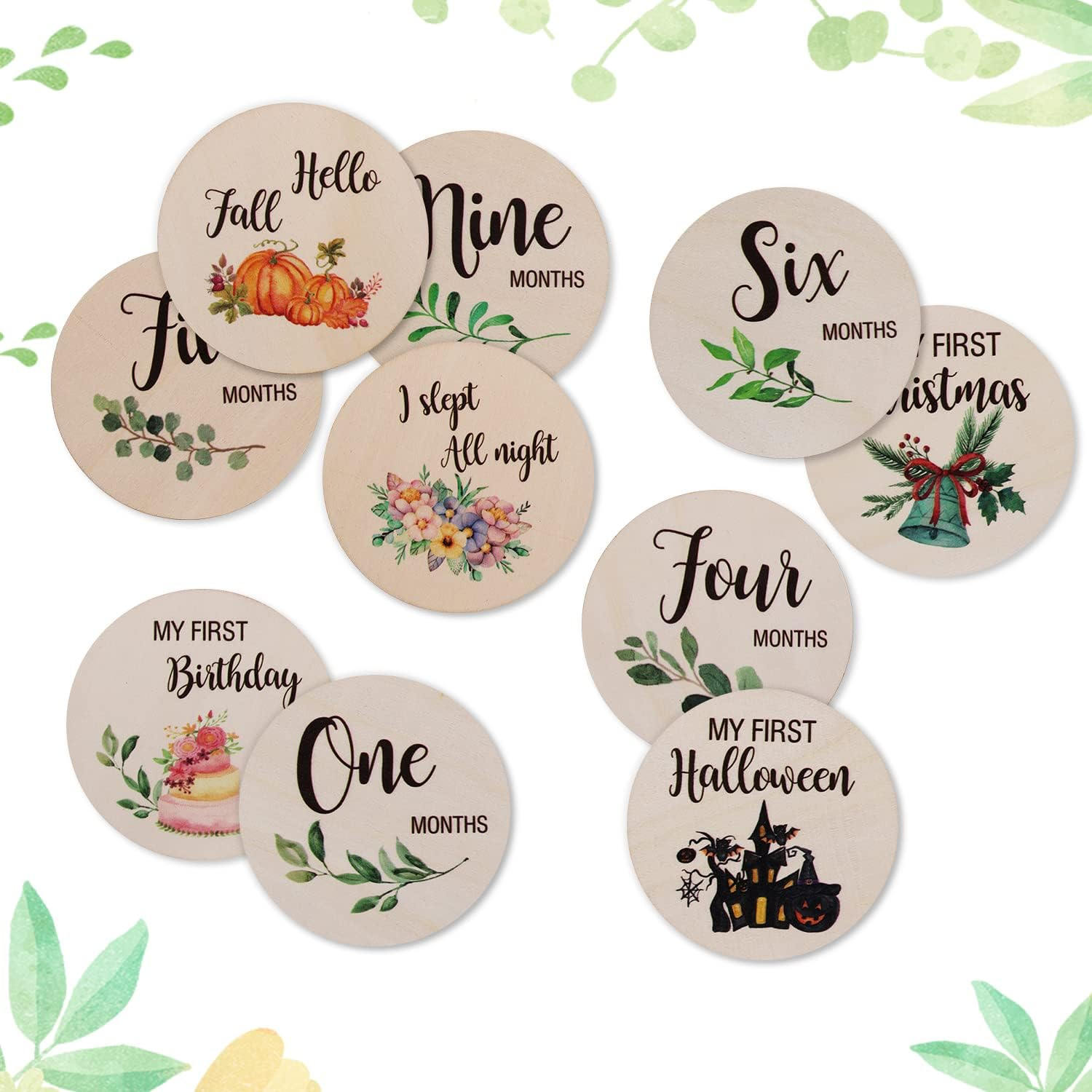 10Pcs Baby Monthly Milestone Cards Sign, round Double Sided Wooden Newborn Sign Baby Announcement Sign for Photo Prop Baby Festivals Gift Nursery image number 6
