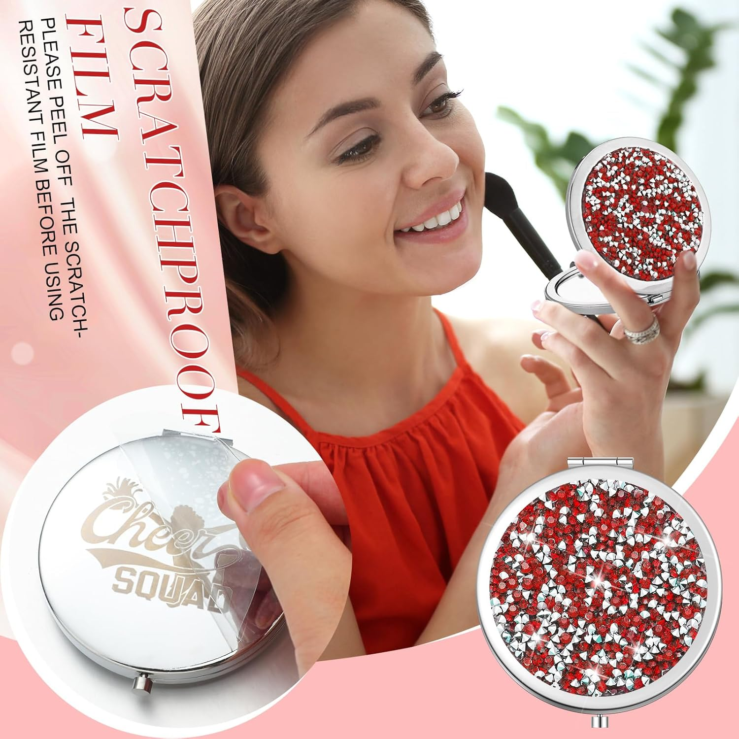 Sintuff 12 Pcs Cheer Gifts for Cheerleaders Cheerleading Compact Mirror Bulk Cheer for Coach Cheerleader Gifts Folding Pocket Cosmetic Purse Mirror for Cheer Team Mirror Accessories (Red, Silver)