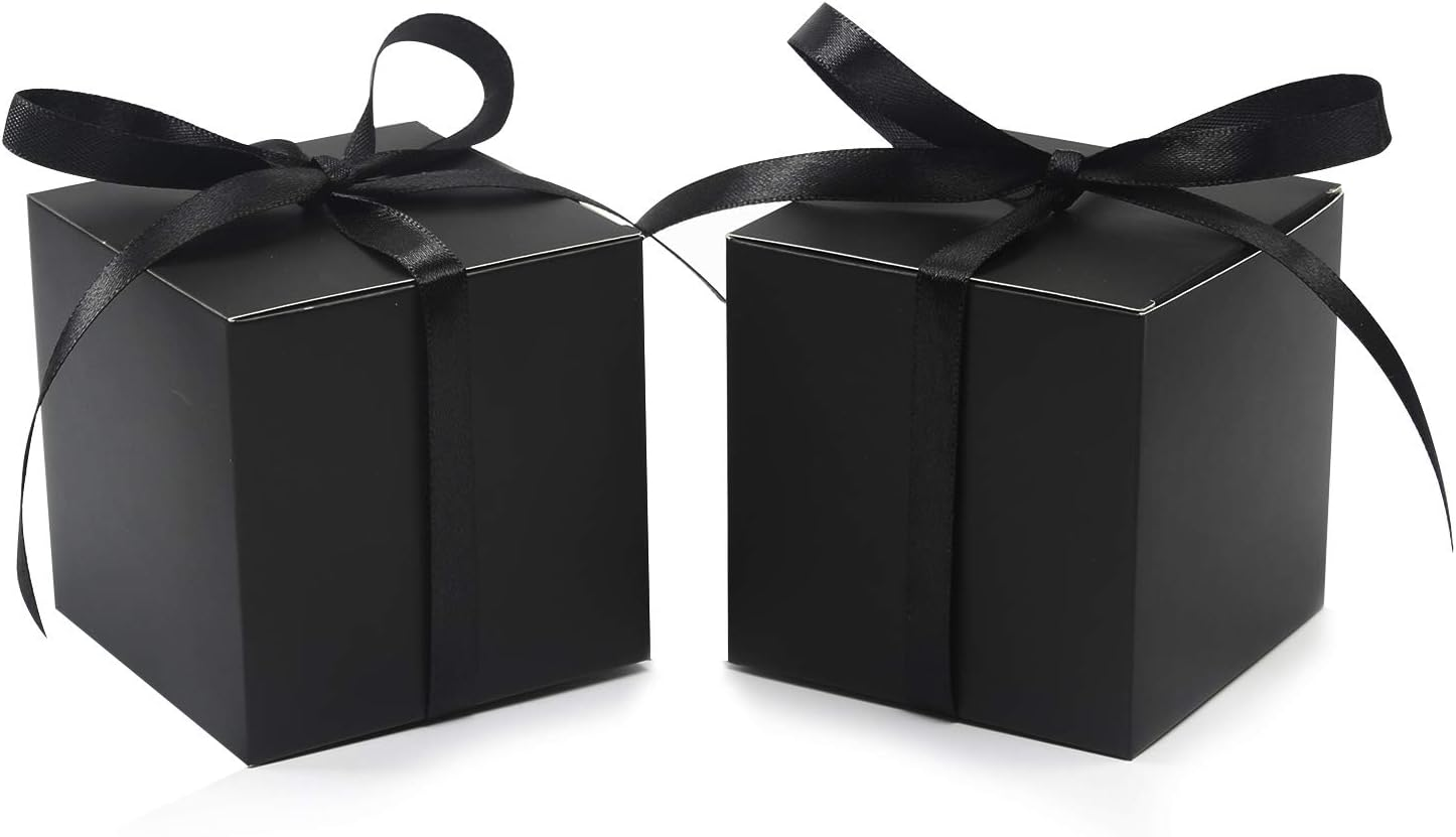 COTOPHER 60Pcs Small Gift Boxes, Favor Boxes 2X2X2 Inches Paper Gift Boxes with Ribbons Candy Box for Wedding Favors Baby Shower Bridal Shower Birthday Party (Black)