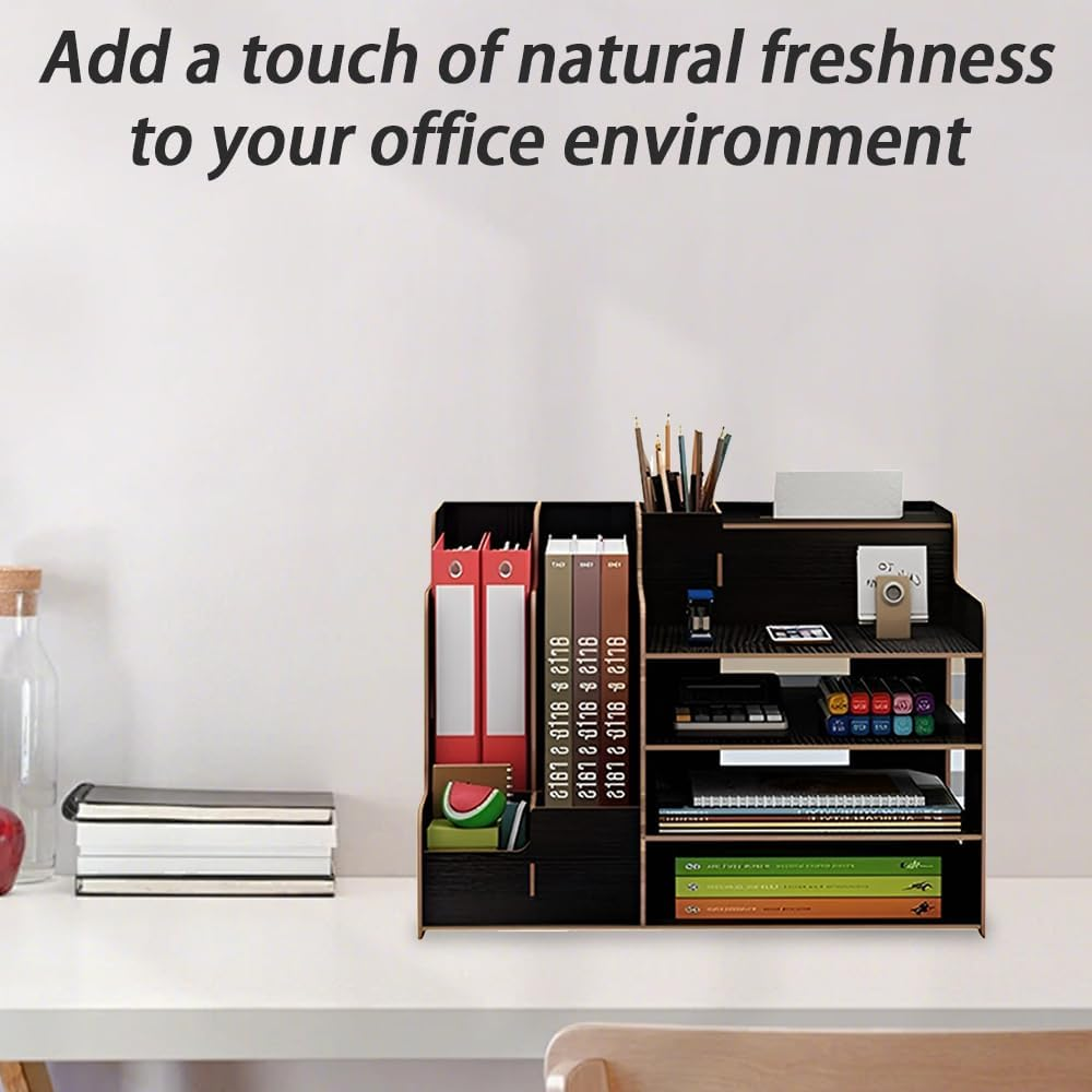 TOMVAES Wooden Desk Organizer with 3 Trays, File and Paper Organizer, Office Supplies Tray and Pen Holder for School Home (Black) image number 4